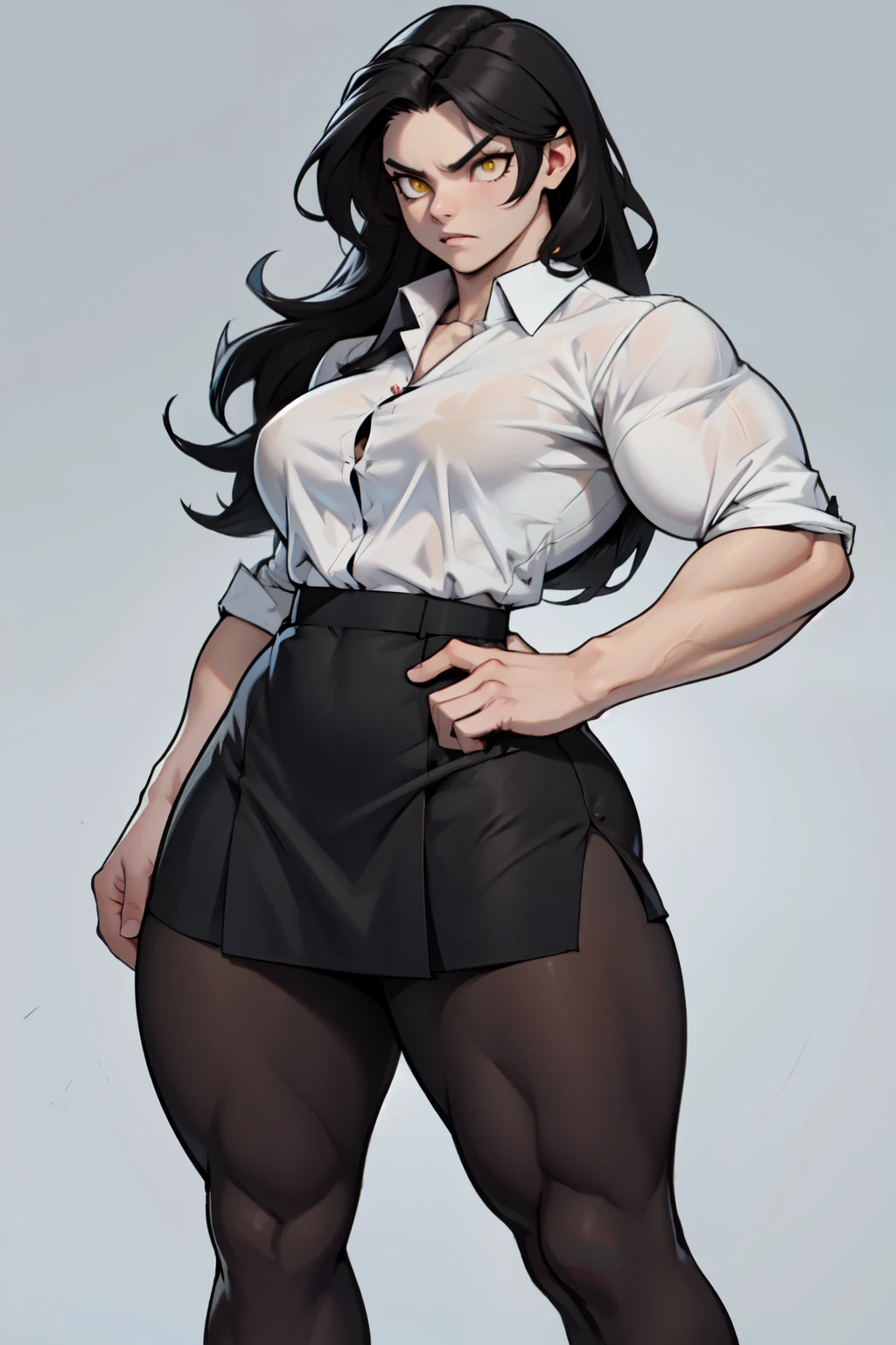 ((1girl)) pale skin large breasts (muscular) toned body thick thighs black hair yellow eyes (long hair grey background) bodybuilder angry pantyhose skirt tight white shirt