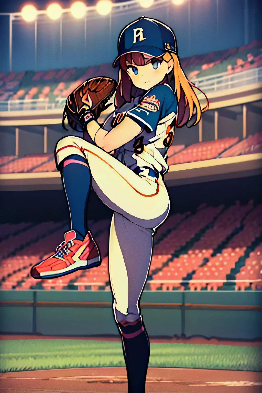 masterpiece, super detail, best quality, beautiful girl, baseball uniform, pitcher, (Throwing Baseball), serious, full body, baseball stadium