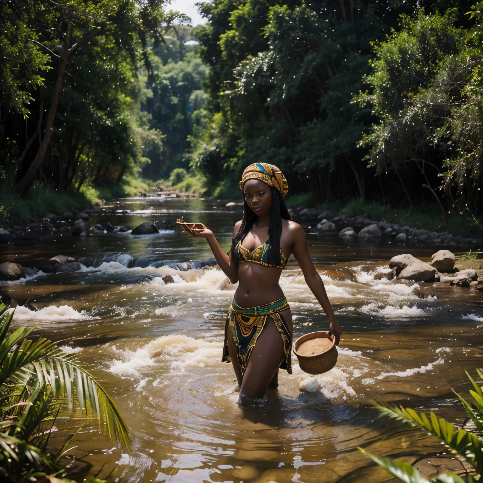 Generate a realistic and consistent image of Nma a very beautiful 28 years Nigerian princess, tieing rapper on her chest and waist decorated with beads on her hair and waist, fetching water from the village stream