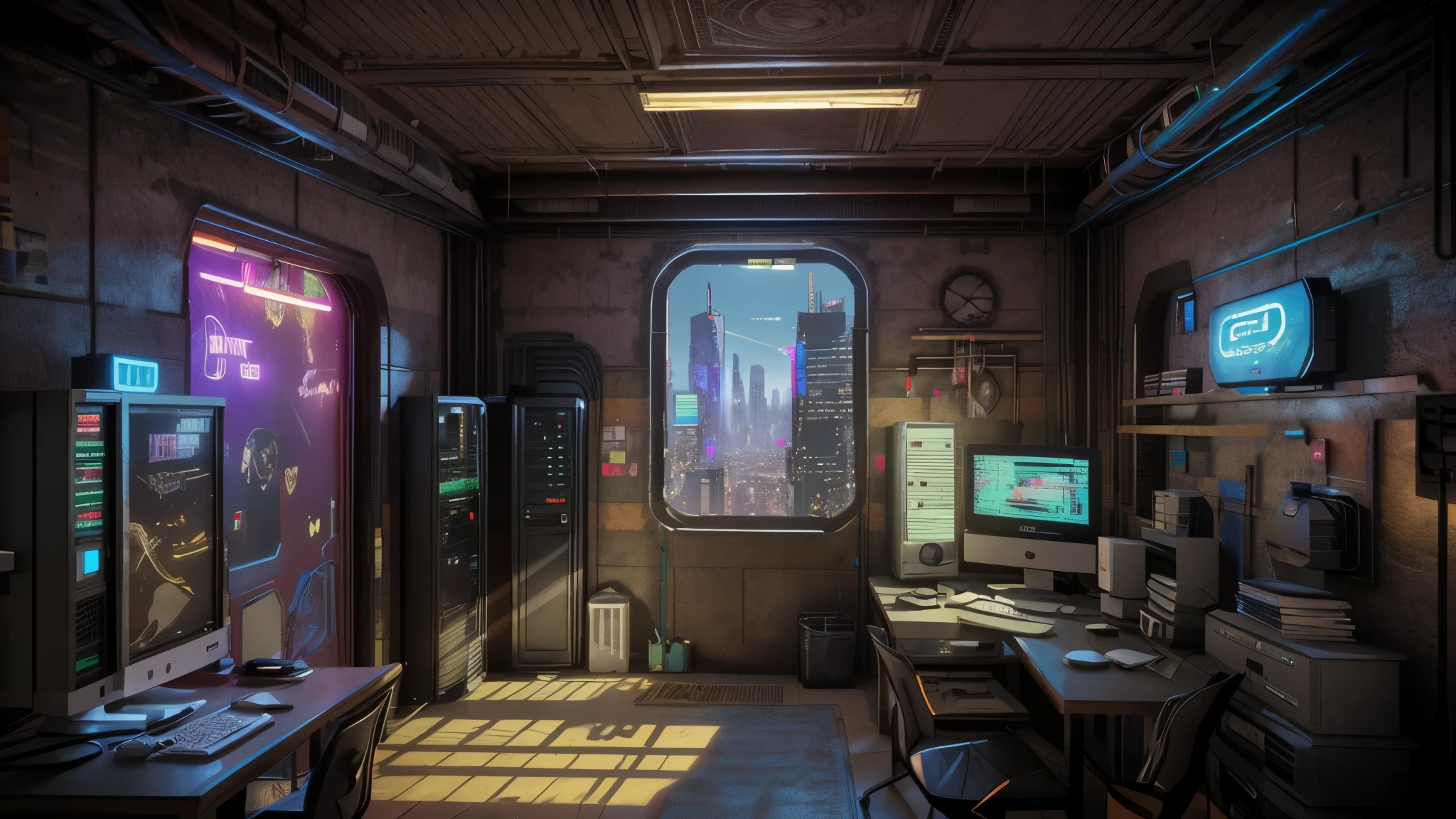 background only, This is a cyberpunk fantasy image. Generate a datacenter computer room surrounded by a cyberpunk city. The room serves as an oasis in the middle of a chaotic cyberpunk city. The room has windows. Through the windows the colorful, very detailed, and beautifully complex cyberpunk cityscape is visible. The image should be dynamic and compelling and realistic. (((masterpiece))), (((best quality))), ((ultra-detailed)),(highly detailed CG illustration) 