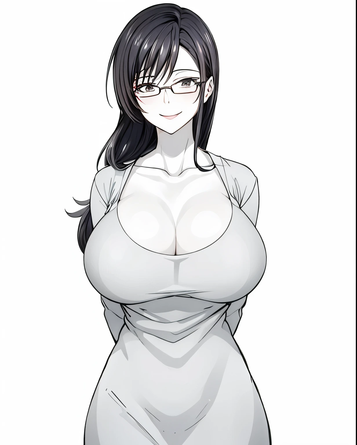 1 milf, long black hair, very big breasts, wearing glasses, smiling lewdly 