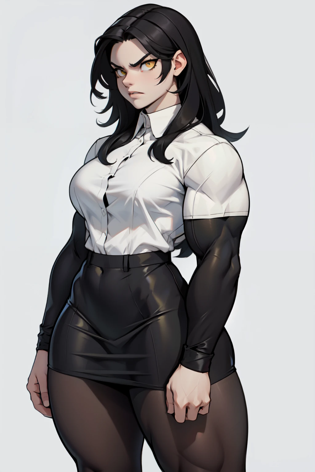 sad girl muscular muscular muscular breasts breasts breasts thick thick thick thick black hair yellow eyes pale skin pale skin thick thick thick long sleeve dark atmosphere thick thick thick thick thick thick muscular simple background sad sad sad sad tigth shirt