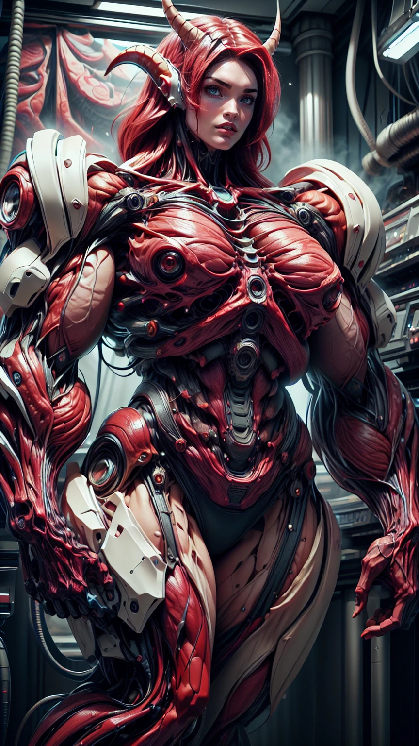 Cinematic, clear facial features and insanely detailed, the image captures the essence of (1 girl), (megan fox:1.25), (long red hair), (carnage skinless physique:1.25), (1 super muscular undead skinless succubus with gigantic horns:1.25), (covered in red necrotic rotting skinless muscle:1.25), (exposed muscles & veins everywhere:1.25), (perfect fingers:1.25) (full body pose:1.25). The color grading is beautifully done, enhancing the overall cinematic feel. Unreal Engine makes her appearance even more mesmerizing. With depth of field (DOF), every detail is focused and accentuated, drawing attention to her eyes and hair. Peak image resolution utilizing super-resolution technology ensures pixel perfection. Cinematic lighting enhances her aura, while anti-aliasing techniques like FXAA and TXAA keep the edges smooth and clean. Adding realism to the muscular bio-mecha succubus , RTX technology enables ray tracing. Additionally, SSAO (Screen Space Ambient Occlusion) gives depth and realism to the scene, the girl's presence even more convincing. In the post-processing and post-production stages, tone mapping enhances the colors, creating a captivating visual experience. The integration of CGI (Computer-Generated Imagery) and VFX (Visual Effects brings out her demonic features seamlessly . Incredible level of detail, with intricate elements meticulously crafted, the artwork hyper maximalist and hyper-realistic. Volumetric effects add depth and dimension, with unparalleled photorealism. 8k resolution rendering ensures super detailed visuals. The volumetric lighting adds a touch of magic, highlighting her beauty and aura in an otherworldly way. High Dynamic Range (HDR) tech makes the colors pop, adding richness to the overall composition. Ultimately, this artwork presents an unreal, yet stunningly real portrayal of an incredibly beautiful bio-mecha succubus girl. The sharp focus ensures that every feature is crisply defined, creating a captivating presence. (girl face:1.45)