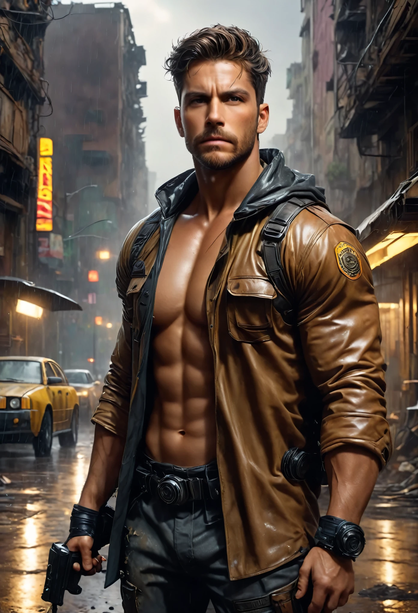 realista:1.3,( fotorrealista, 8K, Fotos CRUDAS, Calidad premium, obra maestra, epic lighting. de cerca, Imagen centrada), (primer plano),((1 hombre hermoso seguro de si misma musculos bien formados, post apocalyptic, guerrero, Rostro y cuerpo perfectamente detallados, (primer plano), escenario lluvioso, poca iluminacion por la lluvia, rostro y cuerpo mojados por la lluvia,iluminacion del de rayos, dynamic pose, cabello hermoso y detallado, ropa de cuero))