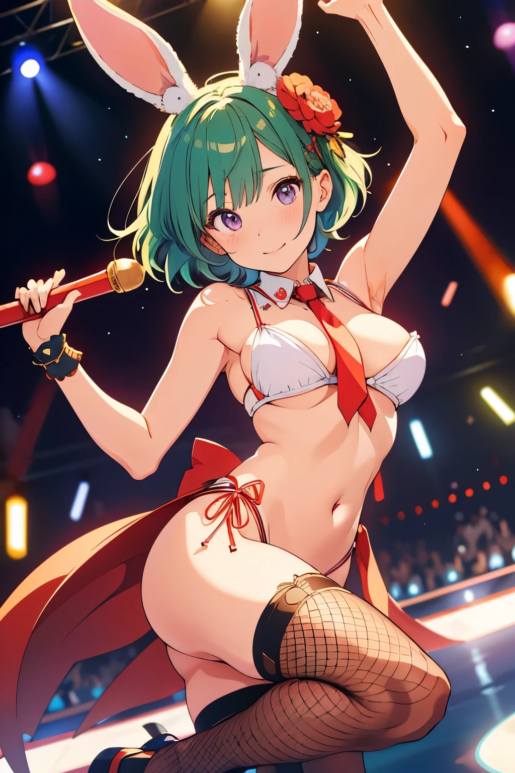 (highest quality,stage top:1.2),(anime style,comic core:1.1),1 girl,cute style,adorable,highly detailed eyes,highly detailed face,very fine hair,About Hipder,8K、green hair、short hair、red cheeks、black high leg bunny、Fishnet tights、white rabbit ears、Beautiful leg lines、Tie it up、big ass、purple eyes、valley、Detailed anime faceedium breasts、sexy、pole dance