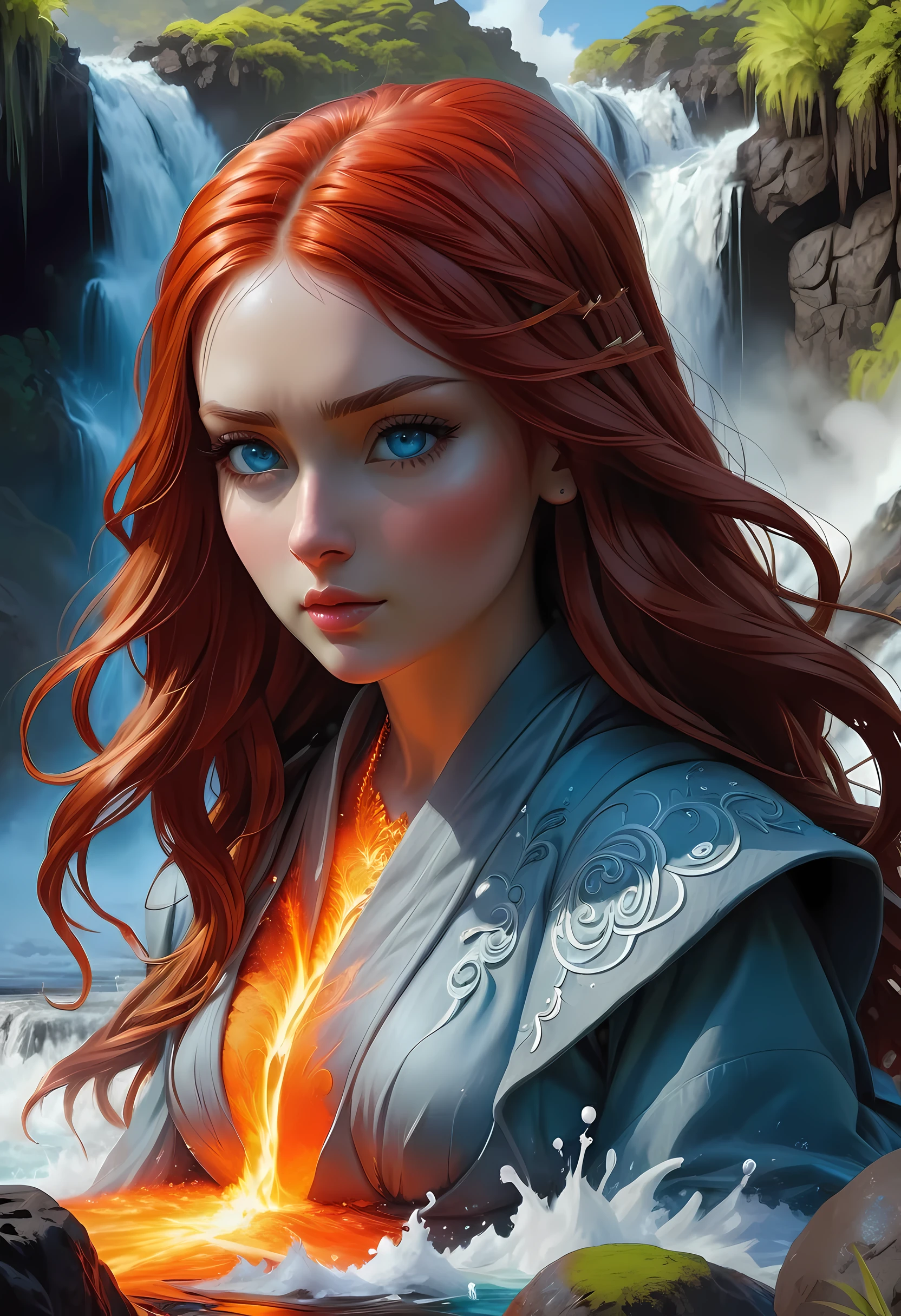 fantasy art, photorealistic, D&D art, a picture of a female monk sitting and meditating near a waterfall, at the base of the waterfall,  there is a human woman monk wearing monk garbs, meditating near a bonfire near an (epic sized waterfall: 1.3), red hair, long hair, full body (best details, Masterpiece, best quality :1.5), ultra detailed face (best details, Masterpiece, best quality :1.5), ultra feminine (best details, Masterpiece, best quality :1.5), exquisite beautiful (best details, Masterpiece, best quality :1.5) red hair, long hair, wavy hair, pale skin, blue eyes, intense eyes, water coming down from a volcanic cliff, multi level water falls, several pools created in different levels, forming new waterfalls, water cascading into a (large lava pool: 1.3) steam rising, clear water in many hues of blue and azure falling, ultra best realistic, best details, best quality, 16k, [ultra detailed], masterpiece, best quality, (extremely detailed), ultra wide shot, photorealism, depth of field, hyper realistic painting, faize 
