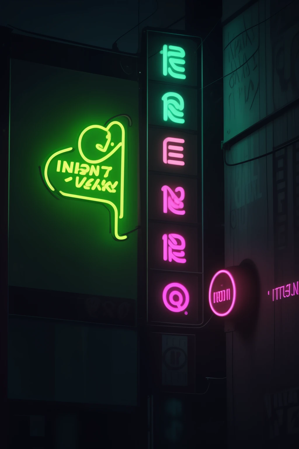 ((Vibrant neon lights:1.5)), ((Glowing neon signs:1.37)), ((Masterpiece of neon art:1.2)), ((Realistic neon depiction:1.4)), ((Detailed neon illustration:1.5)), ((Photorealistic neon representation:1.3)), In the heart of the bustling city, the bright and colorful spectacle of neon signs enchants the night. Each sign is a stunning work of art, its vibrant hues illuminating the darkness with an otherworldly glow. The neon lights dance and flicker in unison, casting a surreal,