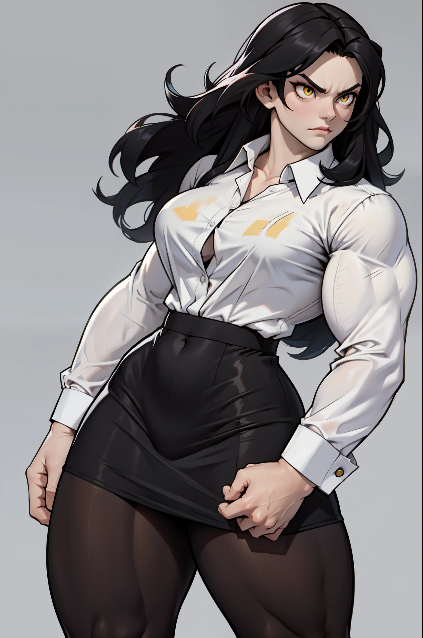 ((1girl)) pale skin large breasts (muscular) toned body thick thighs black hair yellow eyes (long hair grey background) bodybuilder angry pantyhose tight white shirt