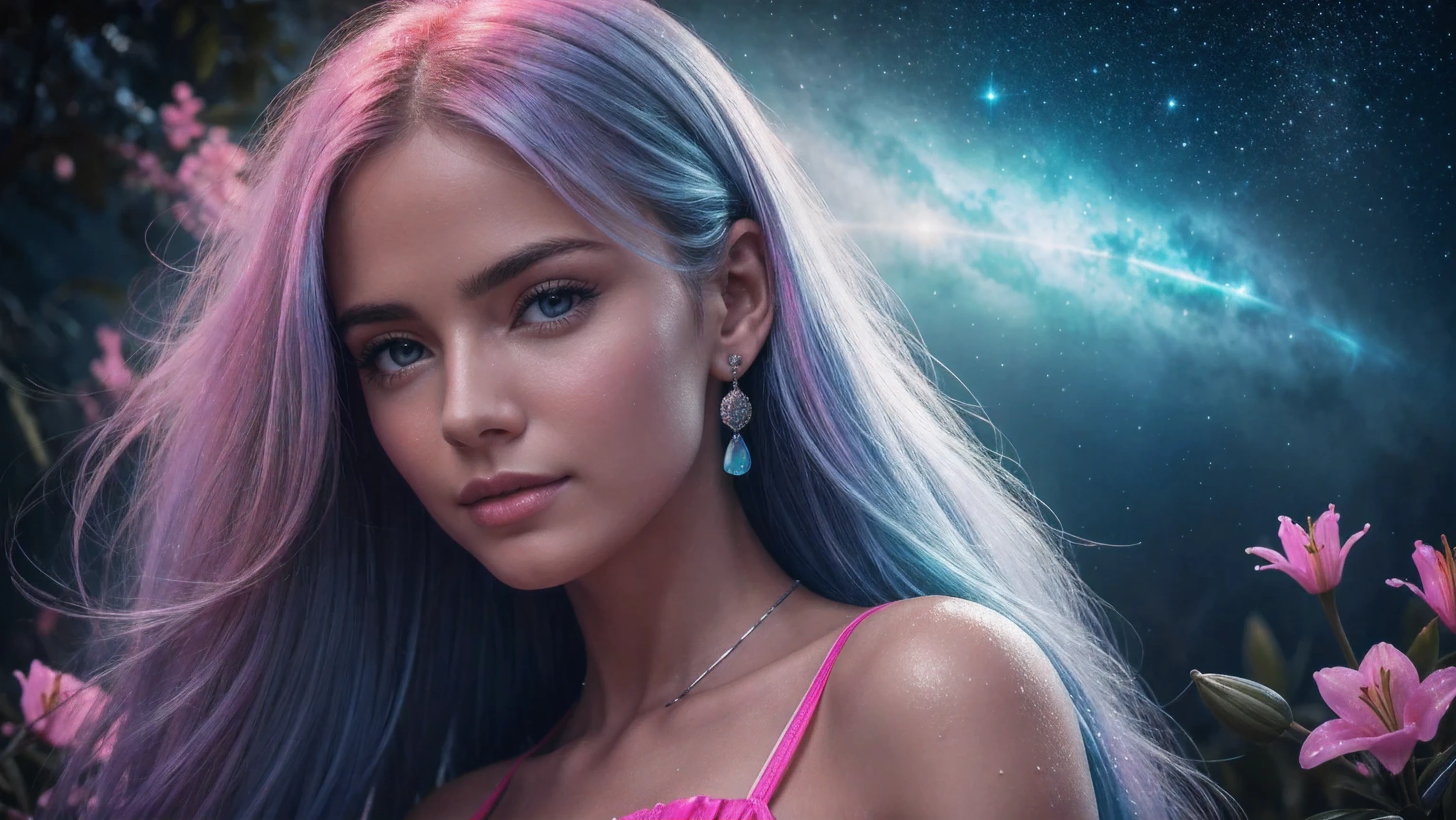 close-upBeautiful realistic girl with blue long hair in the fog,deep atmosphere ,Close-up of clean skin with detailed skin ,,in black tights and a pink blouse ,on an orange background ,Against the background of the starry sky,Bright makeup,EARRINGS WITH GLITTERS,two-leaf gray flower,translucent speckled bifoliate gray,Bioluminescent - Ultra High Quality 8K Music Equalizer, high passion, Rich colors, Soft light, Super detailed photos. ultra high quality 8K, high passion, Noise reduction, яркие Rich colors.. high quality, 8k Ultra HD, high passionhigh quality,мягкие close focus,very beautiful flower, translucent red lily of the valley with dew drop flower, bioluminescent flower glows and shimmers, he grows in a mysterious forest, shrouded in mystery, Сверхhigh quality 8k, high contrast t, Rich colors, Soft light, Ultra-detailed photos. Сверхhigh quality 8k, tall with the spotlight on a girl in a black and red dress.., High detail, realistic beautiful girl with long light yellow hair, Gradient ,girl with good charisma, creative approach to non-standard poses,., Girl in miniskirt, there are splashes of silver dust, and behind him nebula, atmospheric lighting, surrounded by wet dew drops, behind the fantasy world, on a beautiful background, glare, shine, shine, spray drops, high quality, 8k Ultra HD, high contrast, high quality, Soft light, Close-up of a beautiful realistic girl with BRIGHT WHITE TURQUOISE and pink long hair......... ,Close-up of clean skin with detailed skin ,full length, in a short miniskirt, Preparation Realistic room with silver patterns with pearlescent shine,in drops of dew, stands in a beautiful place where there are a lot of rubber hearts ,everything around is pink and blue,grow along the edges with flowers,in the moonlit meadow ,nebula,epic mood,Best quality,ultra detail,Contrast,clear focus,volumetric light
