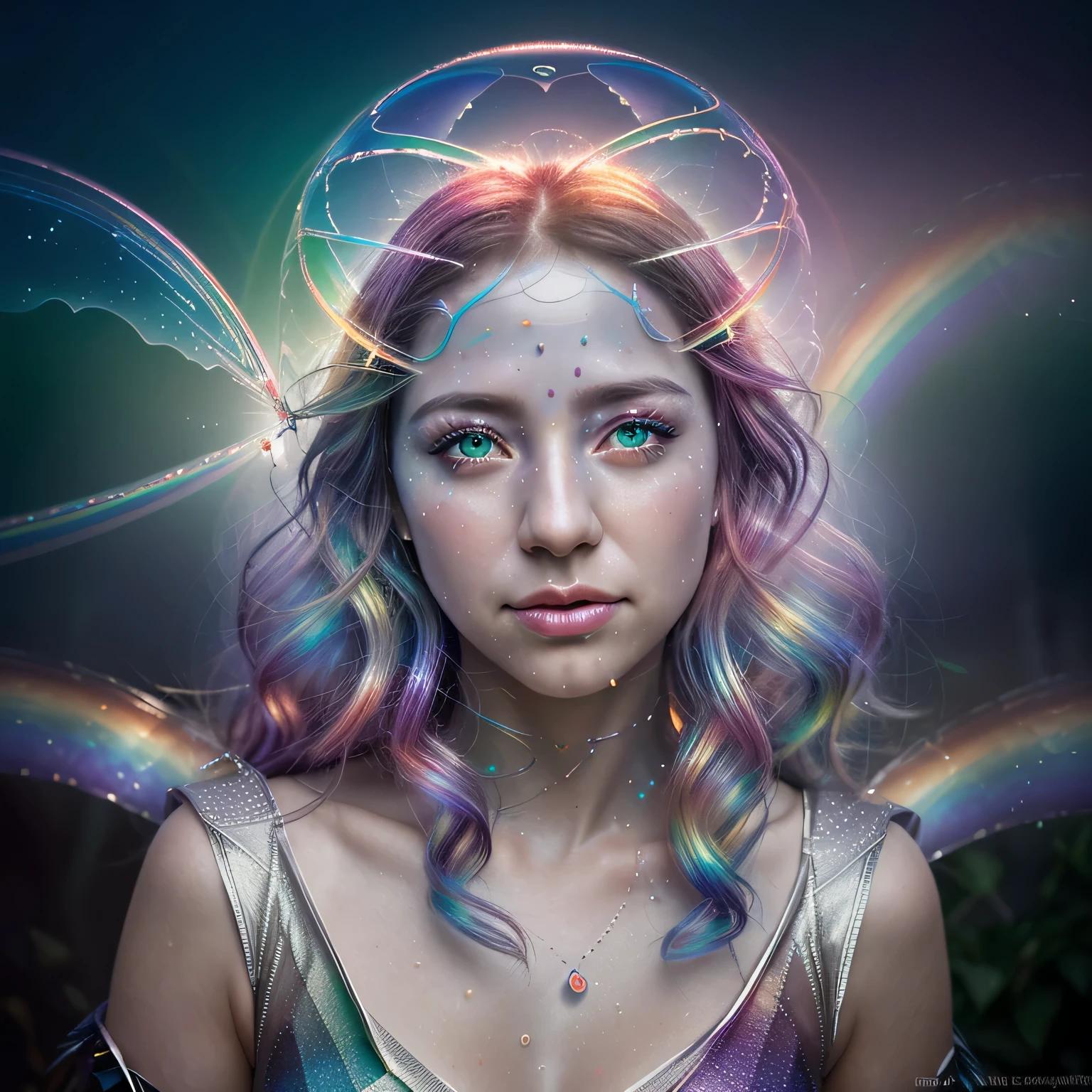photorealistic portrait,
fantasy photo, sharp focus,
Magical, sparkling translucent transparent rainbow colors, merging seamlessly with the air, radiating sparkling ethereal color,