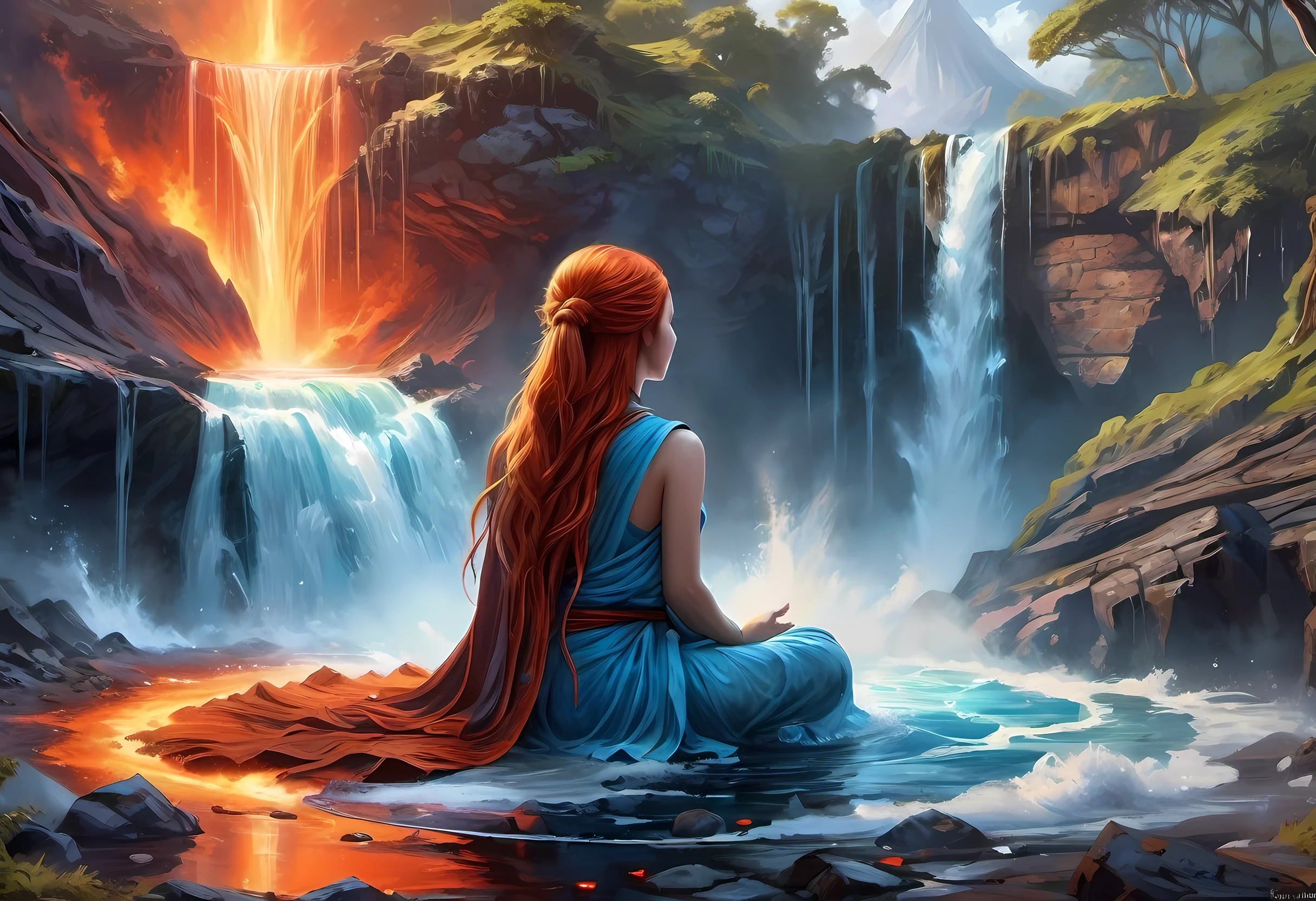 fantasy art, photorealistic, D&D art, a picture of a female monk sitting and meditating near a waterfall, at the base of the waterfall,  there is a human woman monk wearing monk garbs, meditating near a bonfire near an (epic sized waterfall: 1.3), red hair, long hair, full body (best details, Masterpiece, best quality :1.5), ultra detailed face (best details, Masterpiece, best quality :1.5), ultra feminine (best details, Masterpiece, best quality :1.5), exquisite beautiful (best details, Masterpiece, best quality :1.5) red hair, long hair, wavy hair, pale skin, blue eyes, intense eyes, water coming down from a volcanic cliff, multi level water falls, several pools created in different levels, forming new waterfalls, water cascading into a (large lava pool: 1.3) steam rising, clear water in many hues of blue and azure falling, ultra best realistic, best details, best quality, 16k, [ultra detailed], masterpiece, best quality, (extremely detailed), ultra wide shot, photorealism, depth of field, hyper realistic painting, faize 