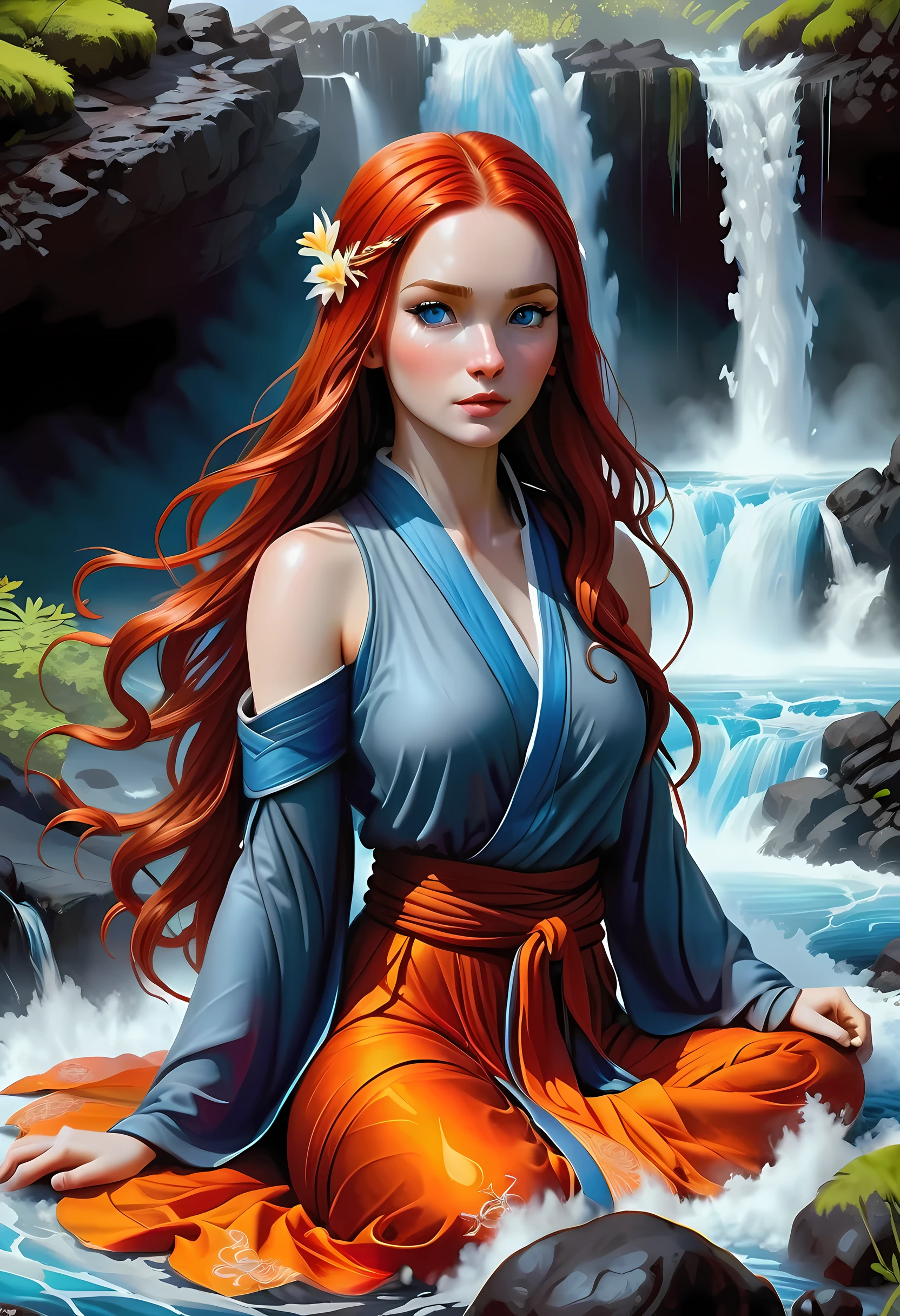 fantasy art, photorealistic, D&D art, a picture of a female monk sitting and meditating near a waterfall, at the base of the waterfall,  there is a human woman monk wearing monk garbs, meditating near a bonfire near an (epic sized waterfall: 1.3), red hair, long hair, full body (best details, Masterpiece, best quality :1.5), ultra detailed face (best details, Masterpiece, best quality :1.5), ultra feminine (best details, Masterpiece, best quality :1.5), exquisite beautiful (best details, Masterpiece, best quality :1.5) red hair, long hair, wavy hair, pale skin, blue eyes, intense eyes, water coming down from a volcanic cliff, multi level water falls, several pools created in different levels, forming new waterfalls, water cascading into a (large lava pool: 1.3) steam rising, clear water in many hues of blue and azure falling, ultra best realistic, best details, best quality, 16k, [ultra detailed], masterpiece, best quality, (extremely detailed), ultra wide shot, photorealism, depth of field, hyper realistic painting, faize 