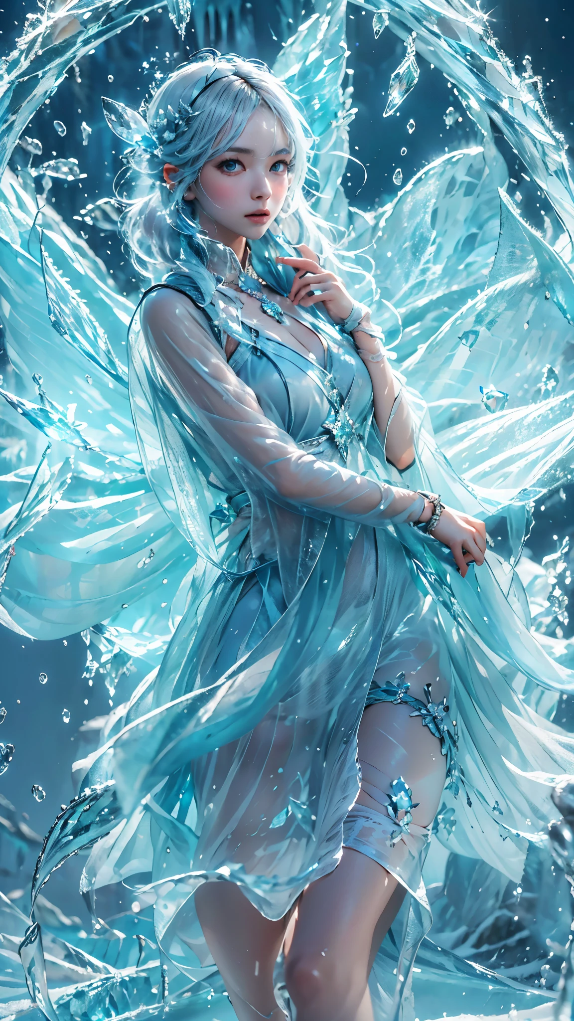 (((1 girl)))，dynamic poses，（Crystal dress：1.5），（magic circle：1.2），magic circle，blue concentric circles，ice crystals，concentric circles of frost，(((icicle)))，Ice mist，Ice particle effects，（Ice butterfly：1.2），Amazing results，,best quality,masterpiece,ultra high resolution,detailed，8K resolution,chiaroscuro，NVIDIA RTX