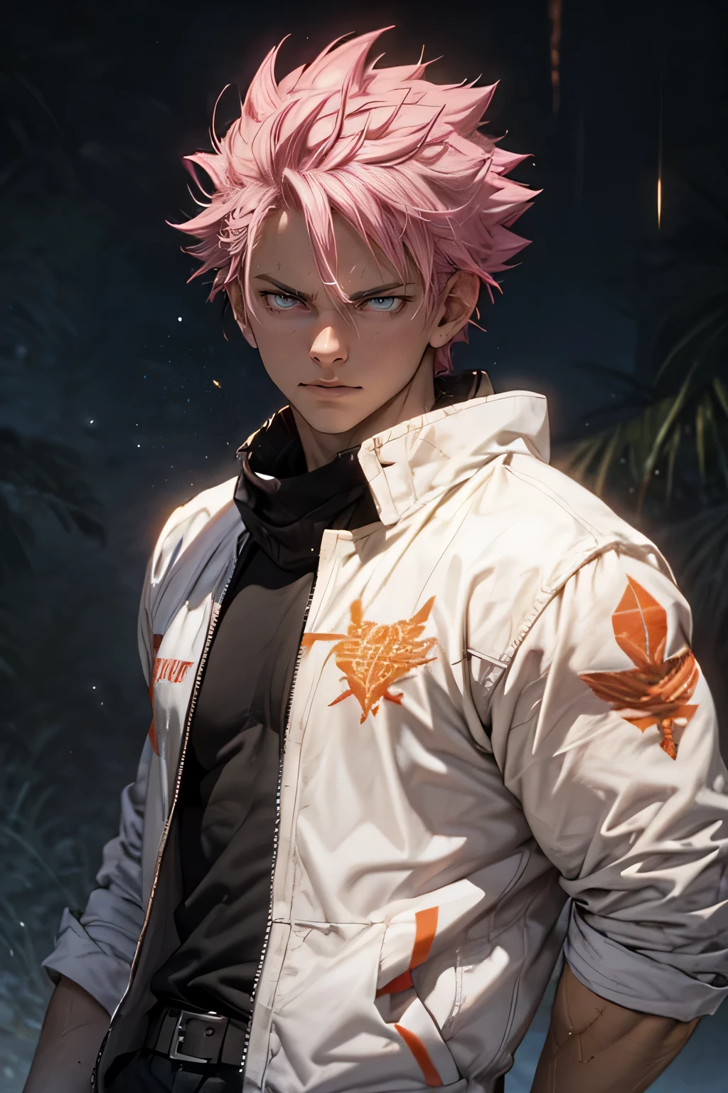 22-year-old pink-haired nobleman Indian face in a white jacket without a shirt with an expression of determination, pain and suffering on his face. surrounded by a slight white glow, it is partially transparent itself and the surroundings can be seen through it. The whole figure in the shot. Fireworks as a background. Ultra realistic image, pants,. Natsu Dragneel