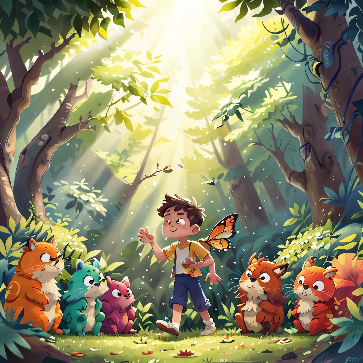 One sunny morning, as he leisurely strolled through the woods, the crisp autumn leaves crunching underfoot, he came across an enchanting clearing bathed in sunlight. There, he was surprised to discover a captivating scene: a myriad of animals huddled together, gazing intently at a rainbow-colored butterfly struggling in the intricately spun web of a radiant golden spider. The butterfly's wings shimmered brilliantly against the backdrop of the vibrant foliage, casting a mesmerizing dance of colors on the clear, azure sky above. The sun's rays illuminated the scene, casting long, dappled