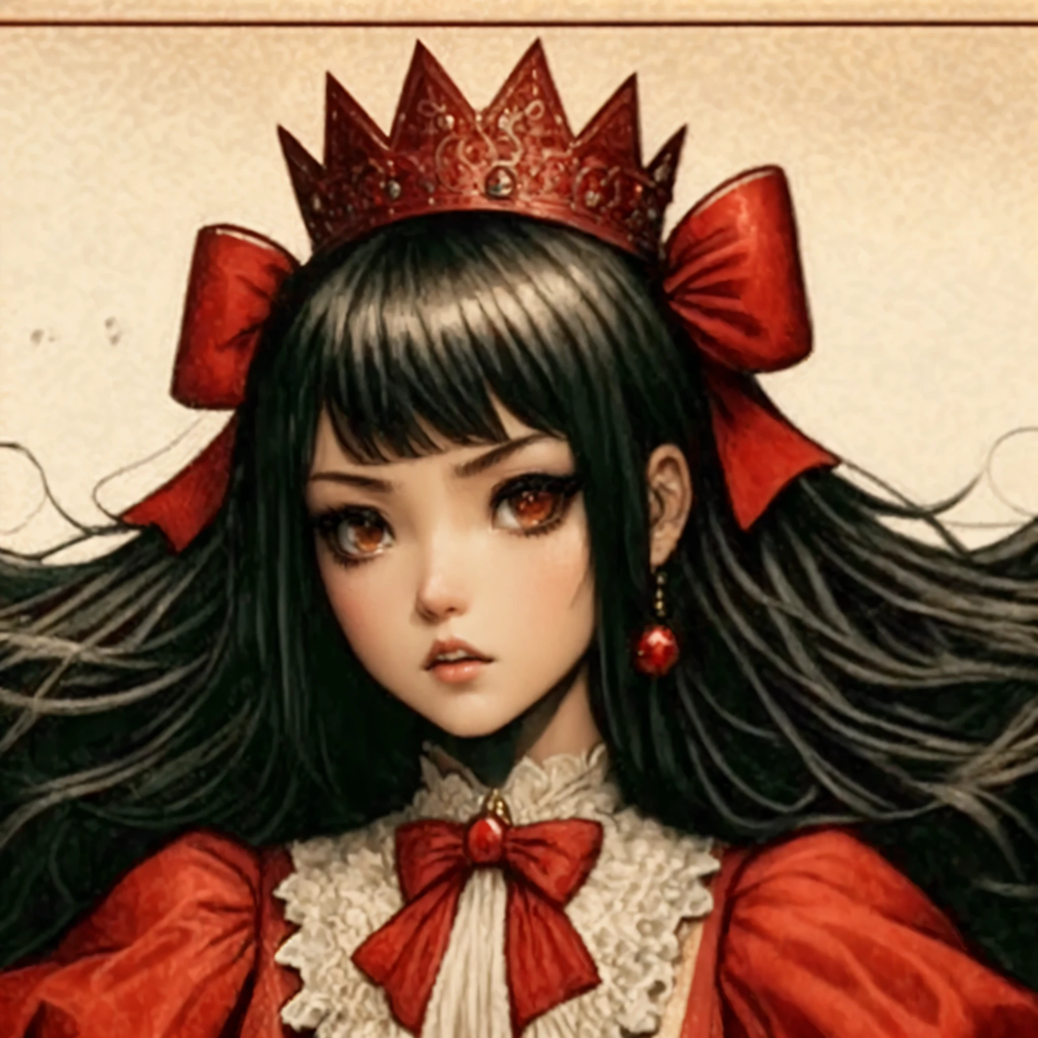 a close up of a woman with a crown on her head, rin tohsaka, royal attire akira, the red queen, guweiz masterpiece, by Jason Teraoka, benjamin lacombe, satoshi kon artstyle, portrait of lolita, artgerm detailed, range murata and artgerm, style of masami kurumada