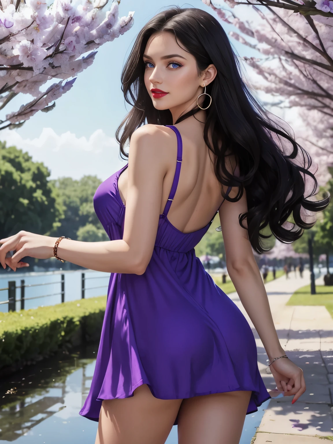 Caucasian woman; black hair, wavy hair, long hair, middle-parted hair; blue eyes, ((lined eyes)), ((highlight blue eyes)), bright eyes, (eyes with reflection); ((red lipstick)), (bright lips), makeup; smile, toned body, athletic body, ((medium breasts)), nipples, (((legs))), legs; (((spring dress))), ((purple dress)), ((short dress)), Earrings, bracelets, purple nails; standing, in the park; frontal shot, ((taken from behind)).