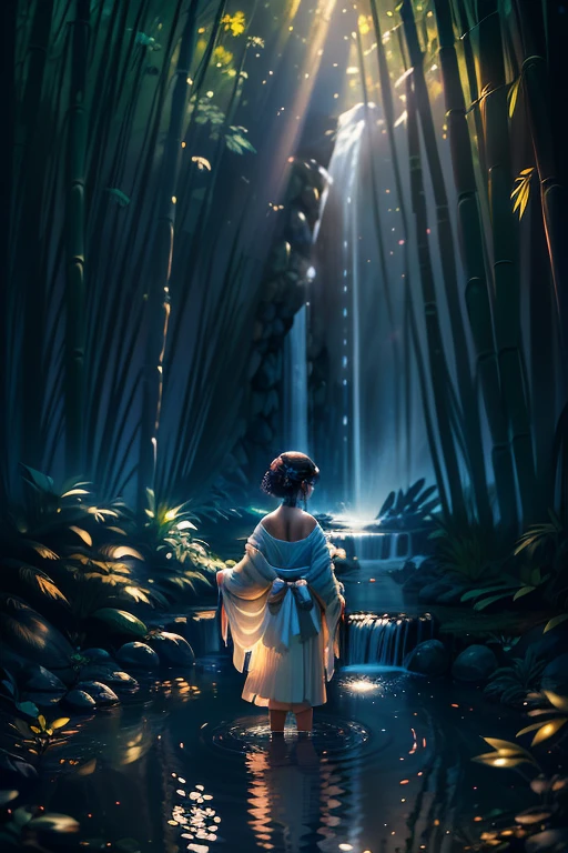 Picture a young girl with colorful hair cascading down her back, framing her brown, extremely delicate and beautiful eyes. She is dressed in a cozy sweater, blending seamlessly with the surrounding nature as she stands in front of a tranquil water pool within a bamboo forest. A butterfly lands gently on her shoulder, its wings catching the dreamy light filtering through the trees. The scene is captured in an 8k, RAW photo of the best quality, masterpiece, with a realistic photo fidelity of 1.3. The ultra fine CG 8k wallpaper highlights the crystal texture of her skin, making every detail evident and lifelike. The image is rendered with
