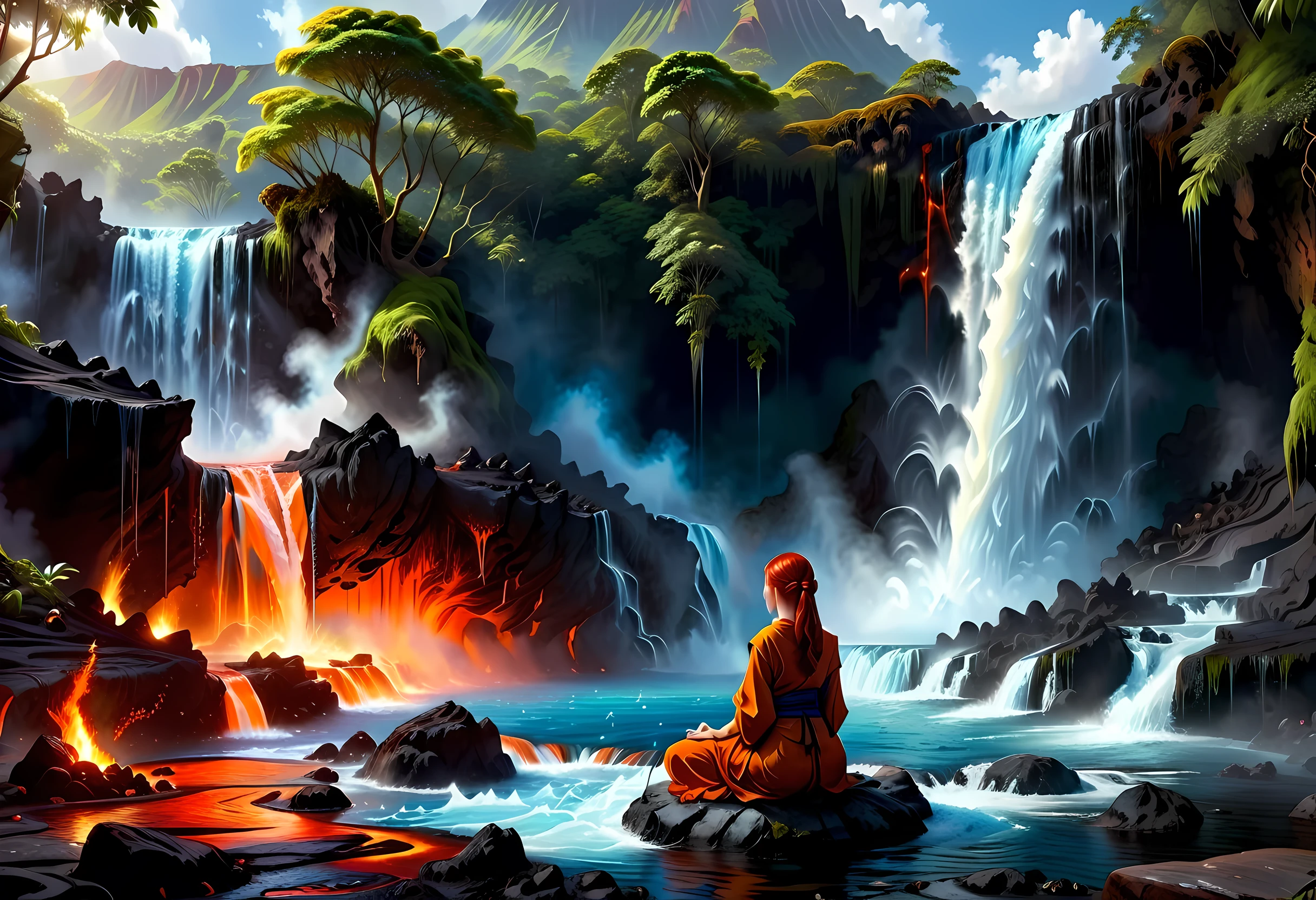 fantasy art, photorealistic, D&D art, a picture of a female monk sitting and meditating near a waterfall, at the base of the waterfall,  there is a human woman monk wearing monk garbs, meditating near a bonfire near an (epic sized waterfall: 1.3), red hair, long hair, full body (best details, Masterpiece, best quality :1.5), ultra detailed face (best details, Masterpiece, best quality :1.5), ultra feminine (best details, Masterpiece, best quality :1.5), exquisite beautiful (best details, Masterpiece, best quality :1.5) red hair, long hair, wavy hair, pale skin, blue eyes, intense eyes, water coming down from a volcanic cliff, multi level water falls, several pools created in different levels, forming new waterfalls, water cascading into a (large lava pool: 1.3) steam rising, clear water in many hues of blue and azure falling, ultra best realistic, best details, best quality, 16k, [ultra detailed], masterpiece, best quality, (extremely detailed), ultra wide shot, photorealism, depth of field, hyper realistic painting, faize 