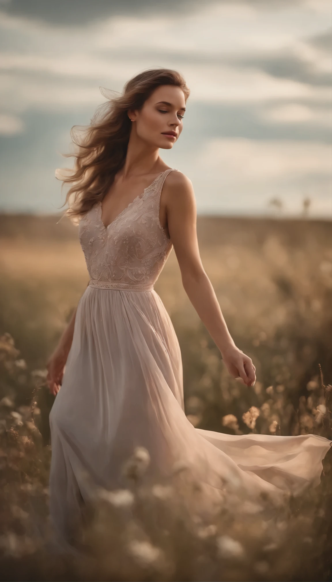 aged 30,Super detailed,a beautiful girl, , playful and charming. The girl’s dress is made of a delicate, flowing fabric that seems to dance in the breeze. The color is a soft pastel, reminiscent of the wildflowers that surround her. The bodice is fitted, with intricate embroidery and beading that catches the light. The skirt is full and flowing, with layers of fabric that rustle softly as she moves. The overall effect is one of timeless elegance and grace.