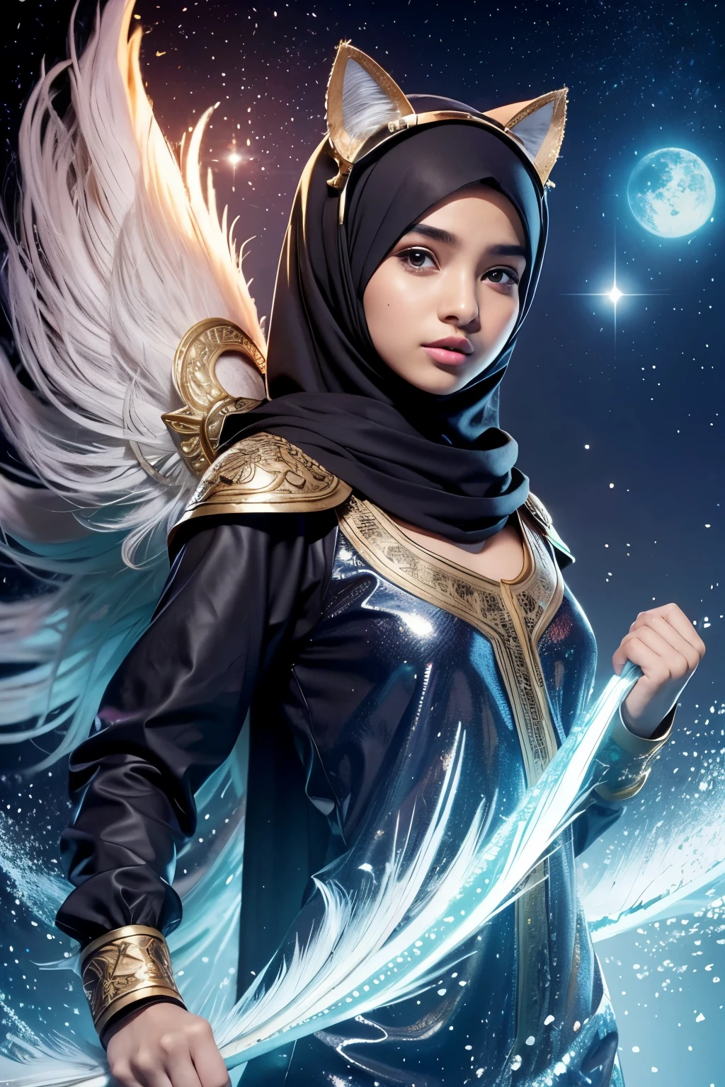 Best quality, high resolution, Masterpiece: 1.3, Adorable kawaii Muslim girl in hijab and cat ears (iu:0.8),
Masterpiece, Realistic, Modern trend, Slim fit Muslim dress, Armor accessories,
Charming, Cute, Young girl, Hijab, Cat ears, Four peacock wing-like feathers,
Shimmering armor, Protective magic, Kawaii, Magical girl, Detailed,
High definition, Clear image, Magisterial portrayal: 1.3,

An enchanting young Muslim girl dons a hijab adorned with cat ears,
Wearing a contemporary