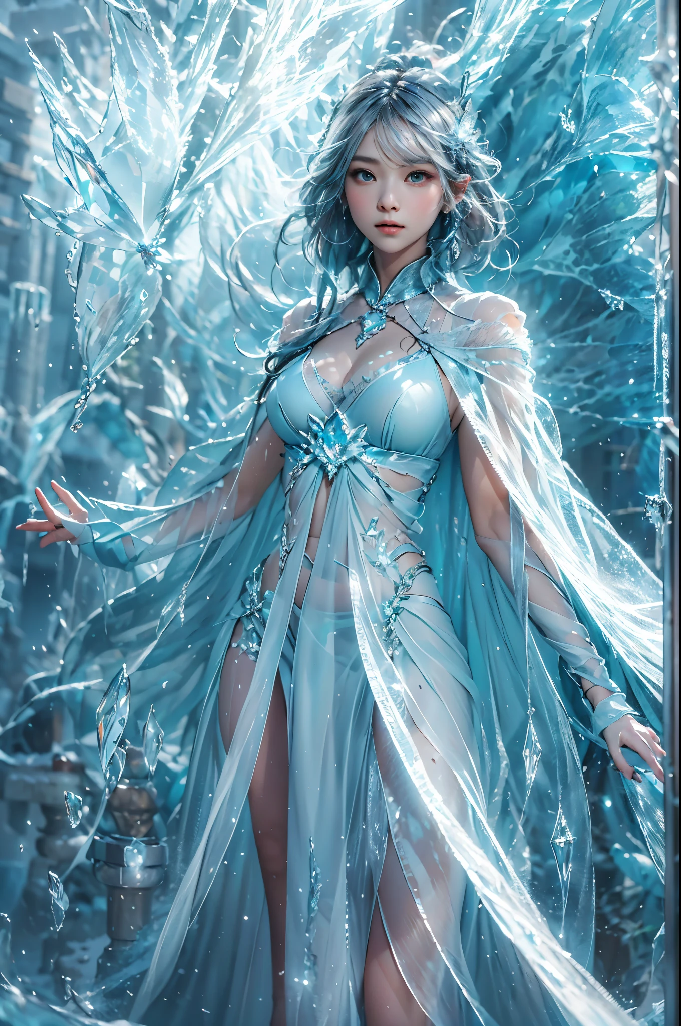 (((1 girl))),dynamic poses,(Crystal dress:1.5),(magic circle:1.2),magic circle,blue concentric circles,ice crystals,concentric circles of frost,(((icicle))),Ice mist,Ice particle effects,(Ice butterfly:1.2),Amazing results,,best quality,masterpiece,ultra high resolution,detailed,8K resolution,chiaroscuro,NVIDIA RTX