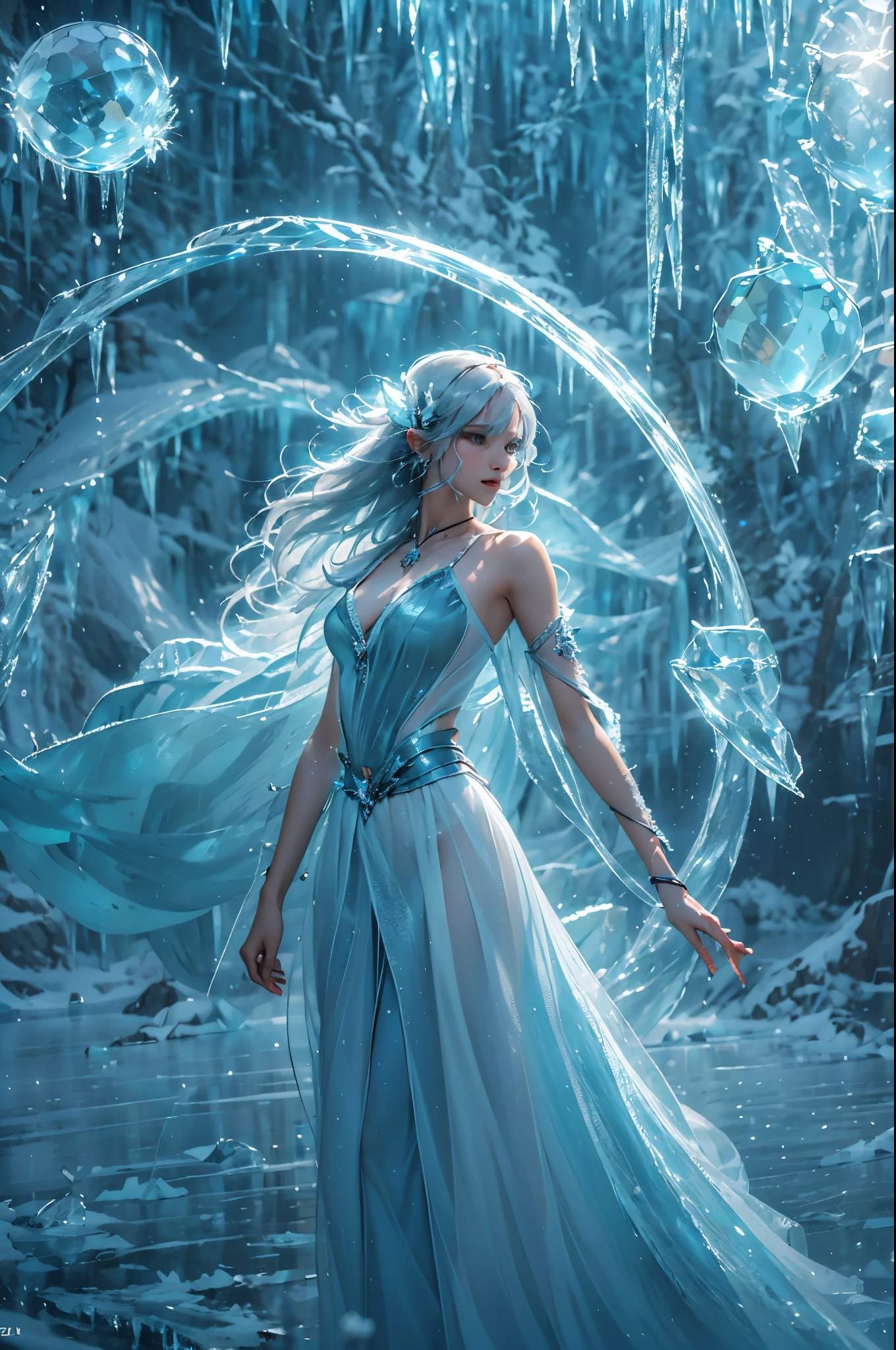 (((1 girl))),dynamic poses,(Crystal dress:1.5),(magic circle:1.2),magic circle,blue concentric circles,ice crystals,concentric circles of frost,(((icicle))),Ice mist,Ice particle effects,(Ice butterfly:1.2),Amazing results,,best quality,masterpiece,ultra high resolution,detailed,8K resolution,chiaroscuro,NVIDIA RTX