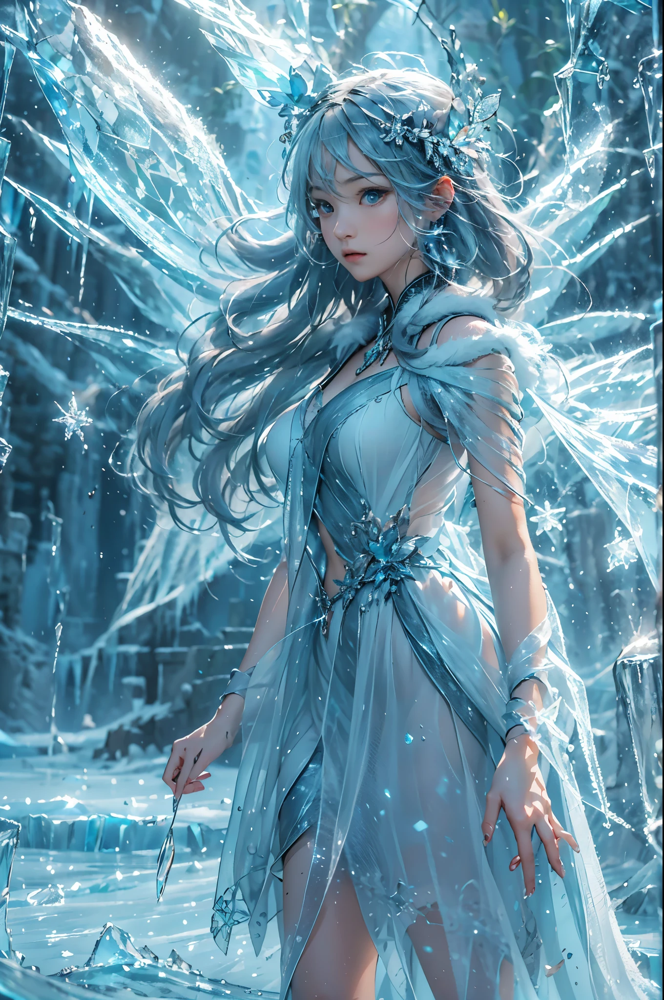 (((1 girl)))，dynamic poses，（Crystal dress：1.5），（magic circle：1.2），magic circle，blue concentric circles，ice crystals，concentric circles of frost，(((icicle)))，Ice mist，Ice particle effects，（Ice butterfly：1.2），Amazing results，,best quality,masterpiece,ultra high resolution,detailed，8K resolution,chiaroscuro，NVIDIA RTX