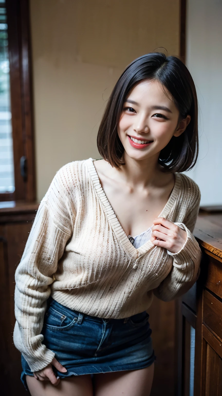 High resolution、High level image quality、In 8K、real live action、RAWphotographgraphy、highest quality、masterpiece、table top、beautiful japanese girl、japanese woman、cute little face、((shining face))、((((My cheeks turned red))))、(((((laugh shyly)))))、white skin、((Obscene content))、For adults、porn、the charm of sex、absurd、small breasts、超A high resolution、RAWphotograph、beautiful pussy lines、alone、whole body、very nice、white knit sweater、 mini skirt、japanese woman、Are standing、（Photoreal：1.37）、photon mapping、realistic、radio city、Physically based rendering、Depth of written boundary、blurred background、photograph、hair、thighs、Japanese ID card、sparkling eyes、glossy lips、too bright natural light、bright sun、too bright sunlight、looking at camera、