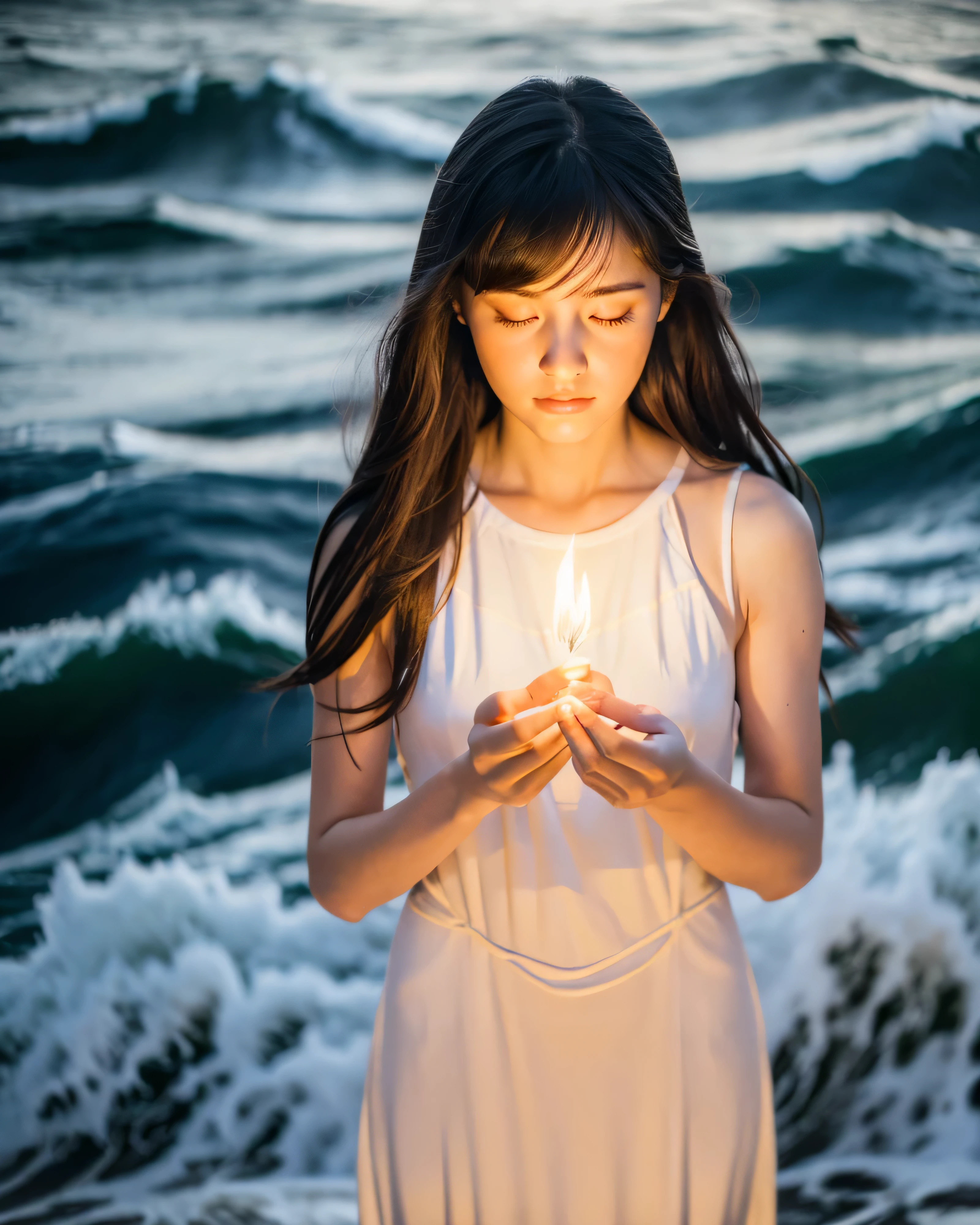 (highest quality, 32k, High resolution, masterpiece:1.5, ), ((night of storm:1.3)), detailed sea and sky, ((Standing on the sea of raging waves:1.4)), beautiful japanese girl, 14 years old, Holding a small light with both hands, accurate hands, Thumb and４real finger, perfectly shaped beautiful face, eyes closed as if praying, beautiful black hair, Super long smooth hair, Beautiful asymmetrical bangs, thin eyebrows, attractive lips, white dress, Holding a small light with both hands as if it were important, A calm and calm expression, inner strength, Illuminates everything around, professional lighting, professional photographer, Professional models
