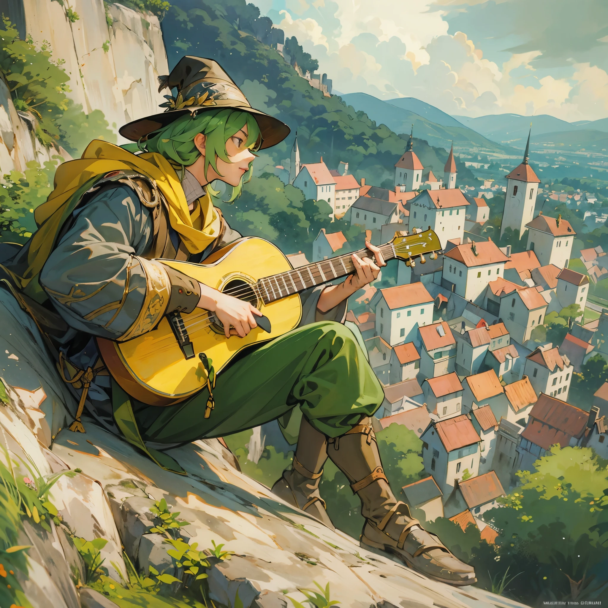 a young man，European medieval bard，Wearing yellow and green cloth，Wearing a triangular ranger hat，playing small guitar，Sitting leisurely on the uphill slope outside the city wall，You can see the sky and the village at the foot of the mountain in the distance。Medium shot composition，full body picture，characters and scenes，Game concept art style，Anime illustration style，watercolor style，Marker style，high-definition，4k。