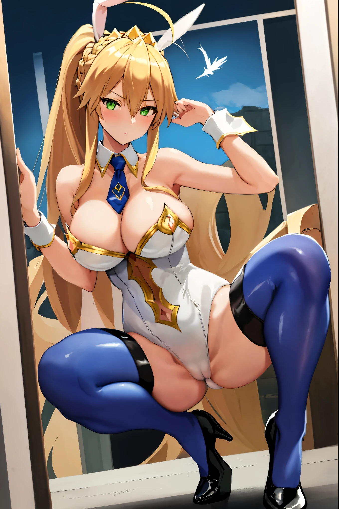 masterpiece, best quality, absurdres, looking at viewer, (light_smile:0.6),
1girl, ahoge, rabbit ears, playboy bunny, artoria pendragon \(swimsuit ruler\) \(fate\), large breasts , blonde hair, green eyes, french braid,  pony tail
bare shoulders, large breasts , cleavage,
clothing cut out, wrist cuffs, detached collar, cutout, feather boa,
white leotard, blue necktie, blue pantyhose, single thigh strap, hands_above_head,(squat:1.3),(spread_legs:1.3),rabbit_pose,solo,stretch_fingertips