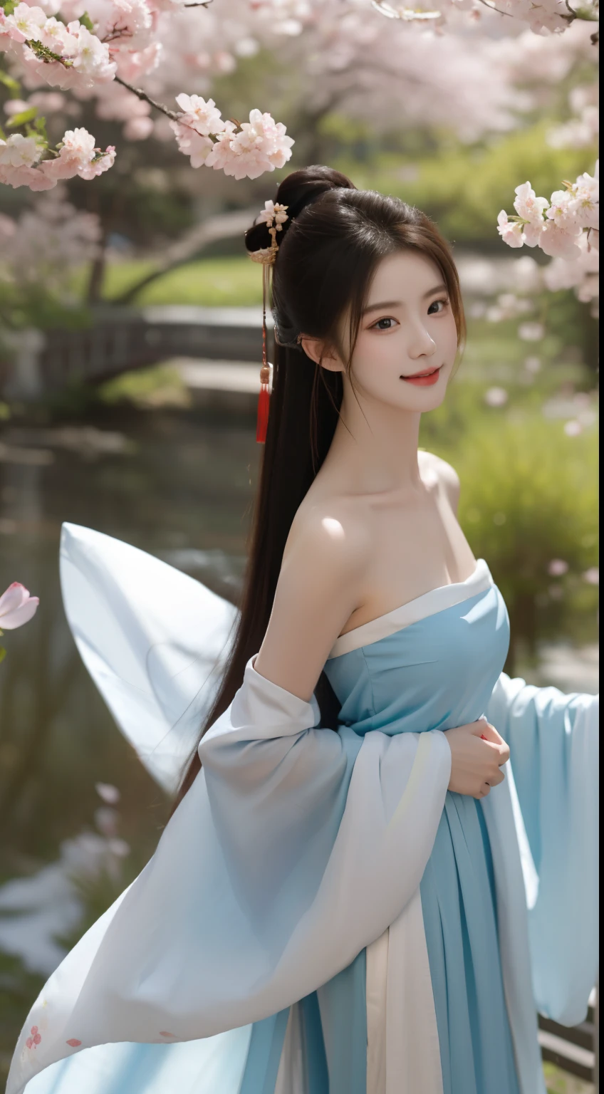 masterpiece,real photos,(solo) Real light and shadow,HDR backlight,Contour light,Shallow depth of field,reddish brown long straight hair,Elegant Chinese beauty,smile,dancing in the forest, Wearing strapless gorgeous Hanfu,The light reflects on her skin,The breeze blew her face,Surrounded by cherry blossom trees,petals flying everywhere,The skirt is flying and rhythmic