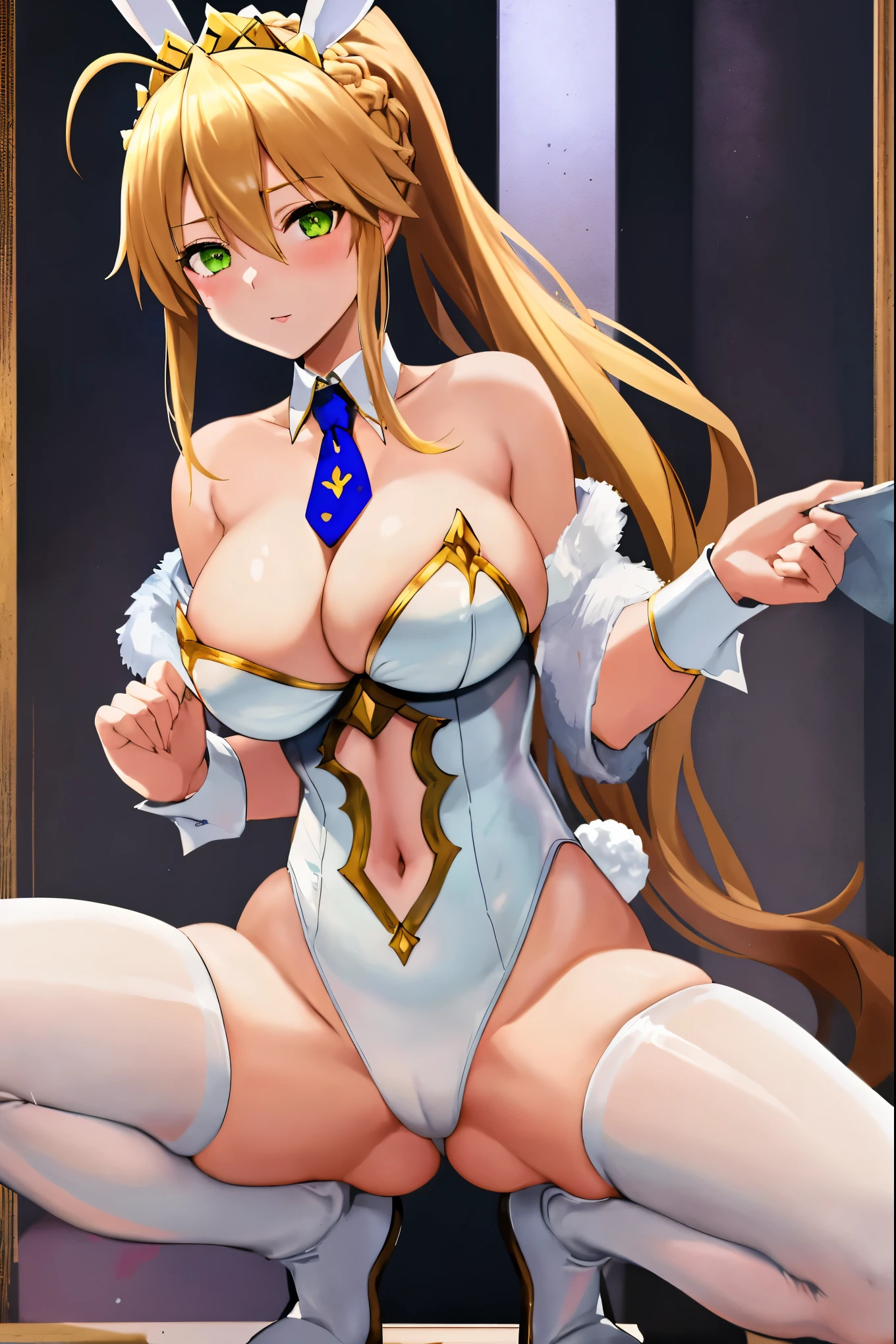 masterpiece, best quality, absurdres, looking at viewer, (light_smile:0.6),
1girl, ahoge, rabbit ears, playboy bunny, artoria pendragon \(swimsuit ruler\) \(fate\), large breasts , blonde hair, green eyes, french braid, pony tail
bare shoulders, large breasts , cleavage,
clothing cut out, wrist cuffs, detached collar, cutout, feather boa,
white leotard, blue necktie, blue pantyhose, single thigh strap, hands_above_head,(squat:1.3),(spread_legs:1.3),rabbit_pose,solo,stretch_fingertips