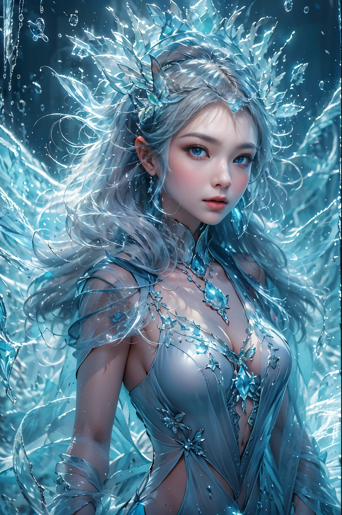 (((1 girl))),dynamic poses,(Crystal dress:1.5),(magic circle:1.2),magic circle,blue concentric circles,ice crystals,concentric circles of frost,(((icicle))),Ice mist,Ice particle effects,(Ice butterfly:1.2),Amazing results,,best quality,masterpiece,ultra high resolution,detailed,8K resolution,chiaroscuro,NVIDIA RTX