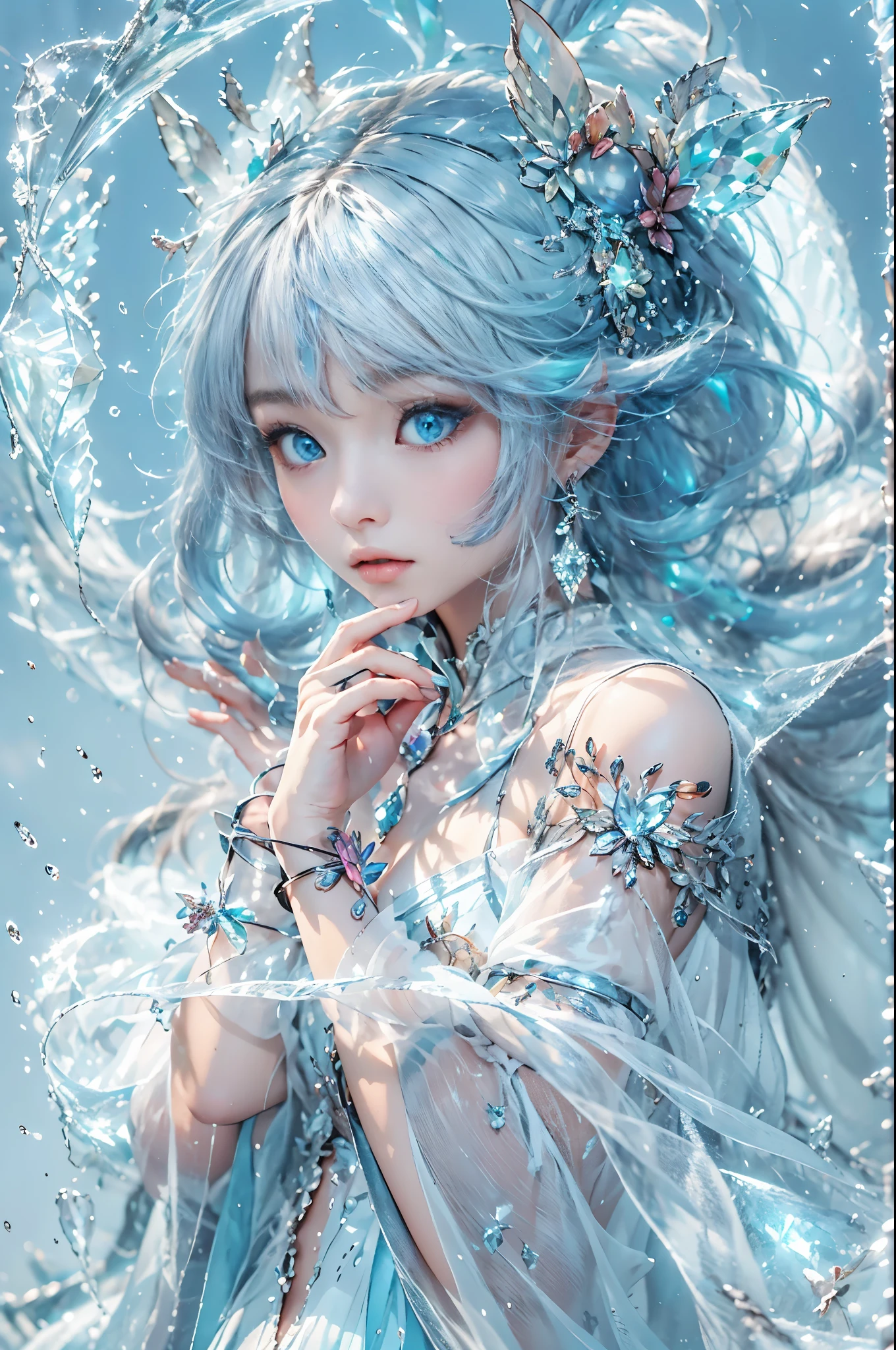 A woman with blue hair and a white dress is holding a flower - SeaArt AI