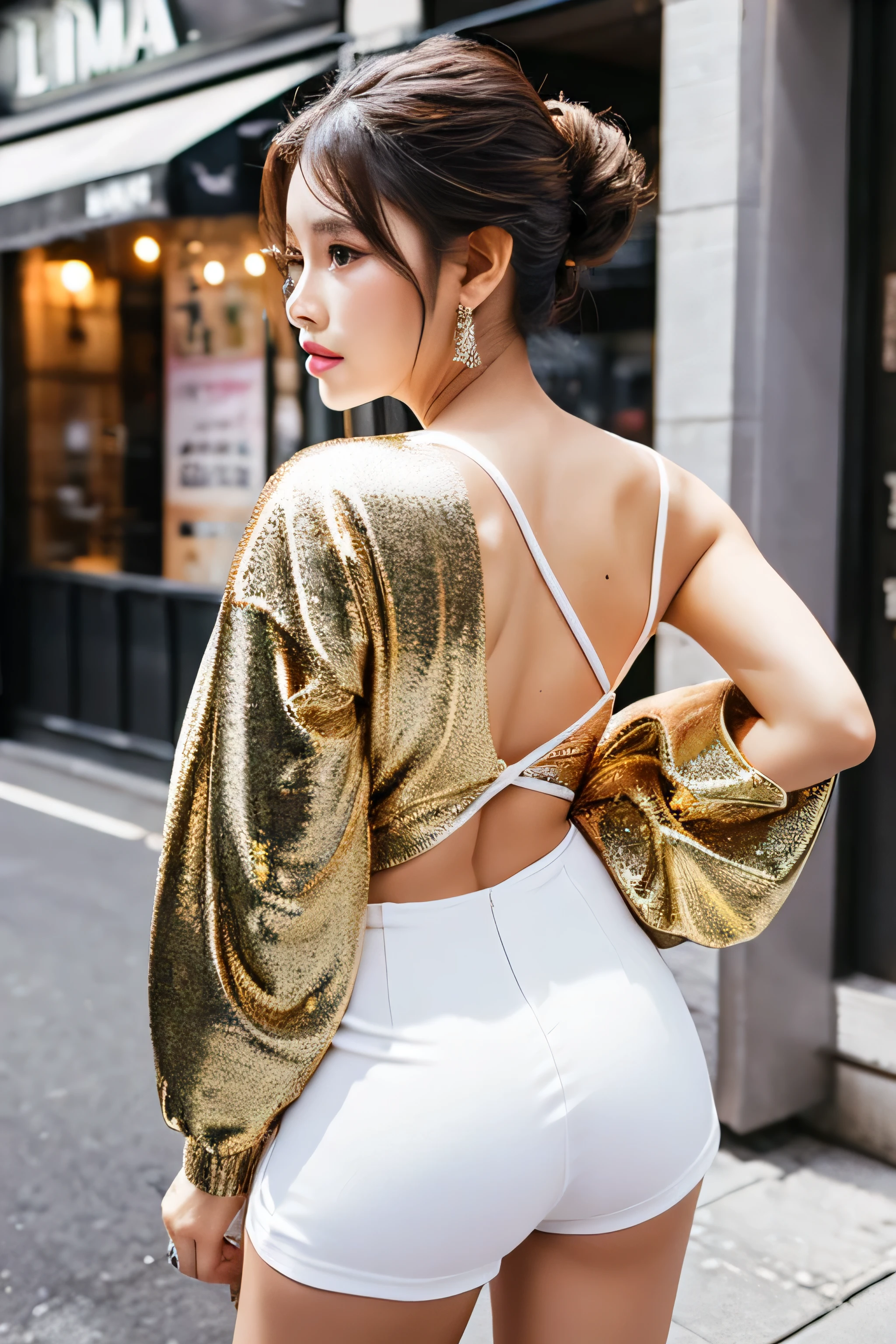 20th generation women　feminine　party half up　Shoulder Tops　clothing that fits the body　glamorous　Street Corner Portrait　Waiting for Nampa　Pose with butt sticking out　S-shaped pose