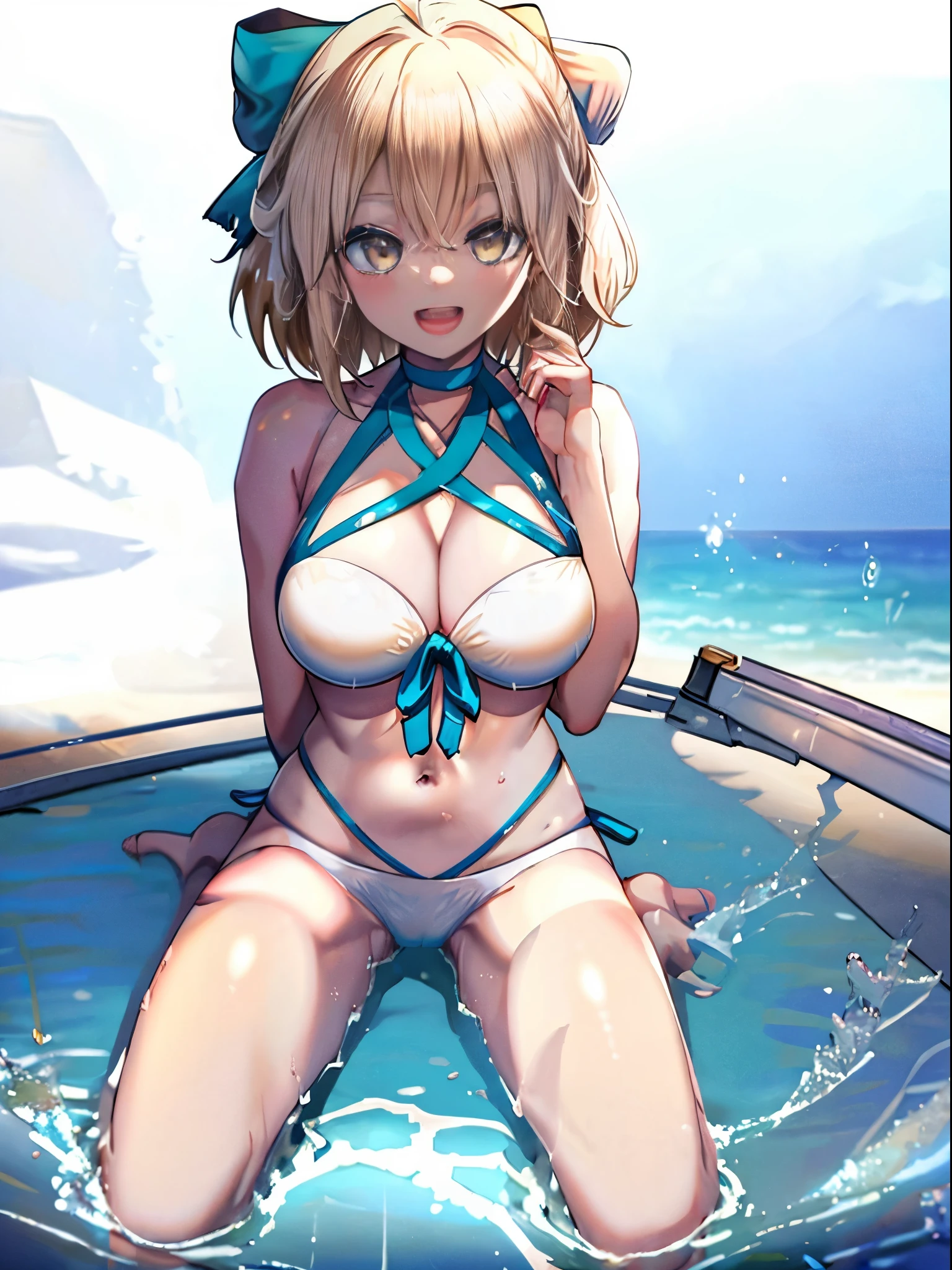 masterpiece,(ultra-detailed),1girl, okita_souji \(fate\), half_eyes,smile,open mouth, swimsuit, white bikini, side-tie bikini bottom,, thigh strap, wristband, large_breasts, ocean, splashing,blonde_ponytail,open_legs,cap,happiness,sunlight,