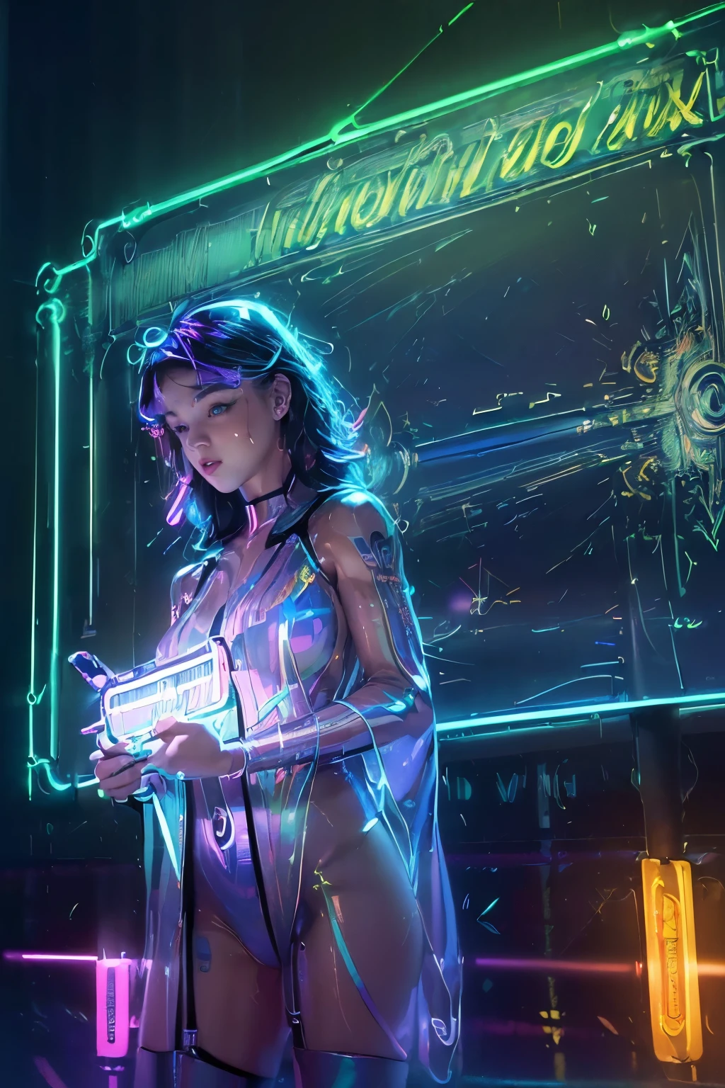 ((Vibrant neon signs)), ((Illuminated masterpiece:1.4)), ((Realistic reproduction:1.3)), ((Detailed illuminated lines:1.5)), ((Photorealistic:1.6)), Neon Sign, urban, ((Vivid colors:1.5)), Cityscape, Retro, ((Glowing tubes:1.4)), electronic, ((Reflective surfaces:1.4)), Rainy night, ((Glass-smooth enamel protective coating:1.31)), energy-efficient, ((Glowing letters:1.5)), Night scene,