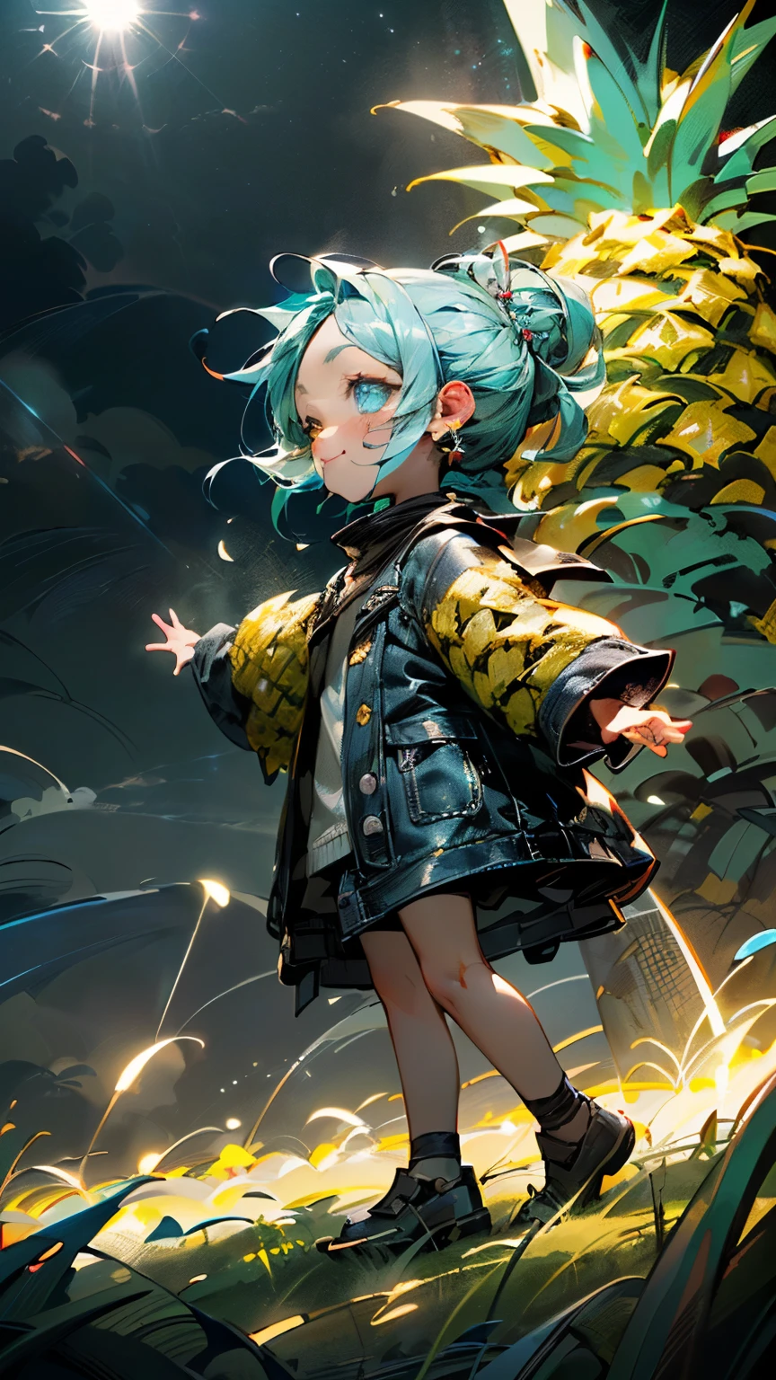  ((masterpiece，best quality，Highly Detailed CG Unity 8k Wallpaper Movie Lighting、Photo album、Best angle to match the background、lens flare glow))，(beautiful and fine eyes、Angle from below)，(Retina display，granular coloring)、(light blue hair、Short chignon hair:1.3),(perfect face、There&#39;s light in my eyes，colored shiny spots、glossy lips、Yokohiro&#39;s mouth、happy smile、hollywood  actor makeup、blush)、(very detailed eyes),(chibi whole body、Slender:1.3),(pineapple、best shadow、very delicate and beautiful:1.1)、(Chibi Muku、Angle from the front、hand pose close to face、Innocent、sad expression、Seduce)、(night、pineappleの置物、casual fashion、earrings、grass、bad weather、night空を見上げる、blue lightning、open your arms、sense of openness、stroll:1.3)、