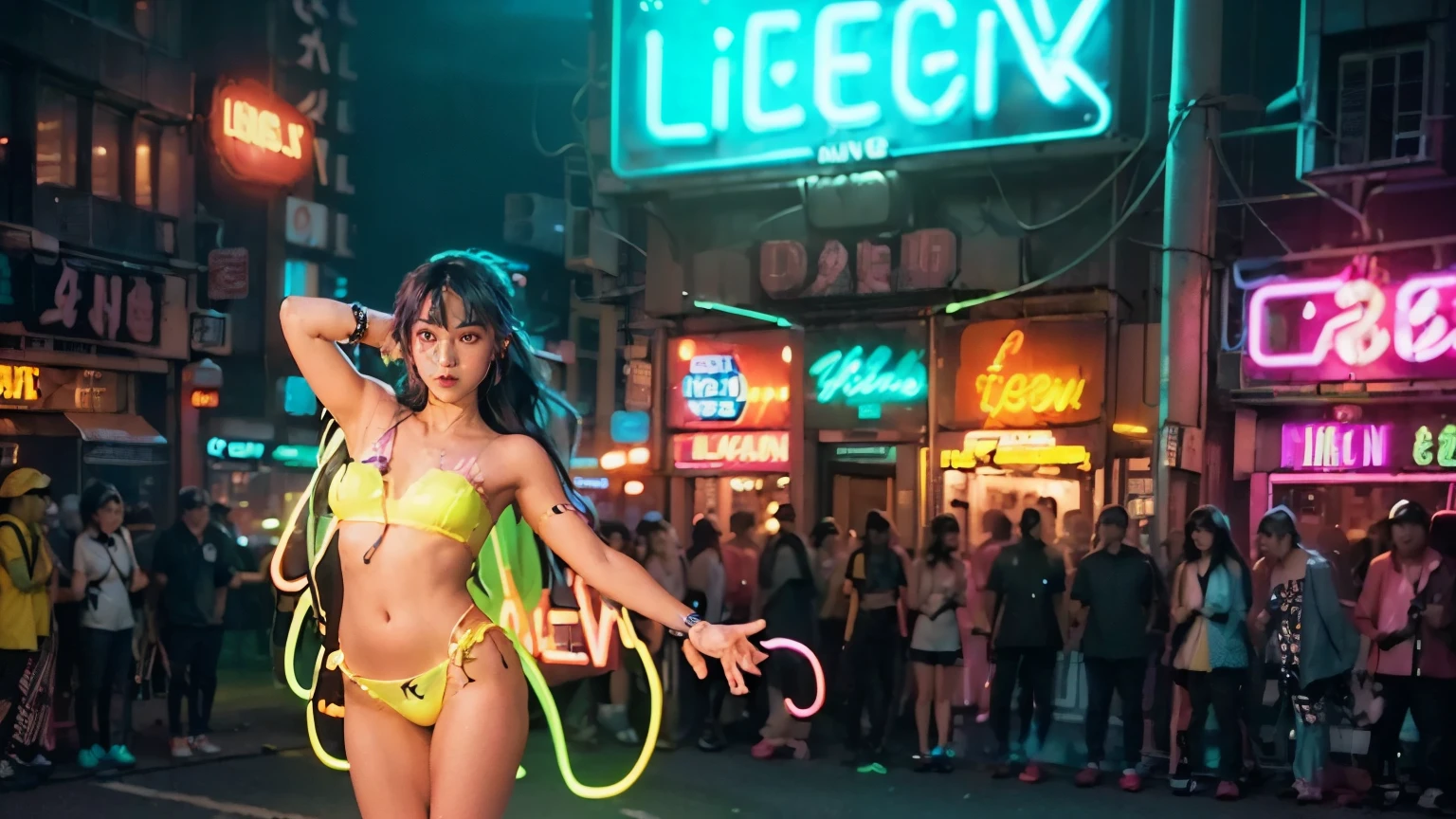 ((Vibrant neon lights:1.5)), ((Glowing neon signs:1.37)), ((Masterpiece of neon art:1.2)), ((Realistic neon depiction:1.4)), ((Detailed neon illustration:1.5)), ((Photorealistic neon representation:1.3)),
In the heart of the bustling city, the bright and colorful spectacle of neon signs enchants the night. Each sign is a stunning work of art, its vibrant hues illuminating the darkness with an otherworldly glow. The neon lights dance and flicker in unison, casting a surreal, ethereal quality over