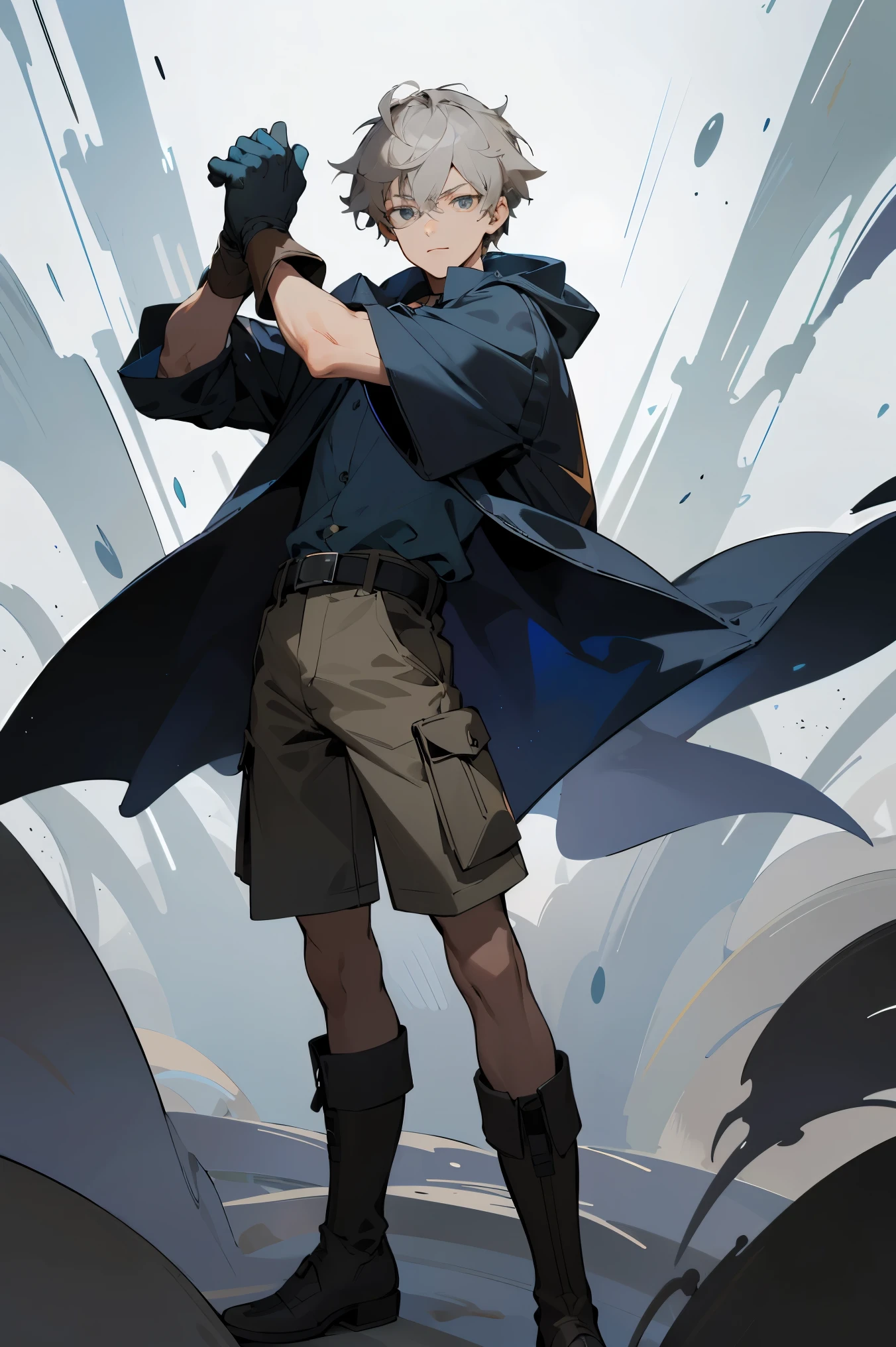 Design 1 22-year-old man with hood and tunic in dark blue..Light gray hair Gray eyes Wears a white button-down shirt Wears green shorts Wears a brown belt Wears short brown boots Wears blue gloves on his hands. Generar marioosas de luz en las manos. Pose masculina ((mejorar rostro))