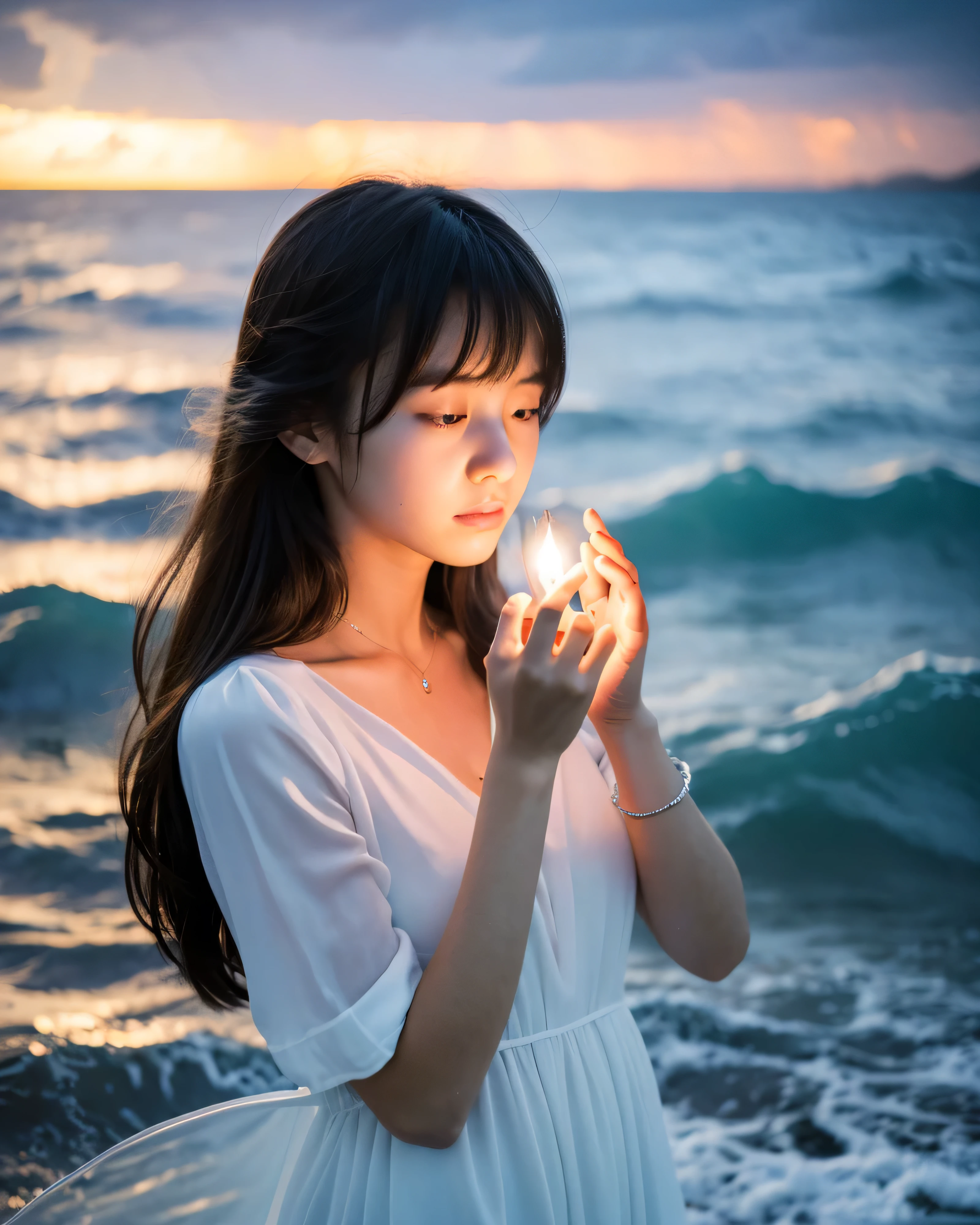 (highest quality, 32k, High resolution, masterpiece:1.5, ), ((stormy night:1.2)), detailed sea and sky, ((standing in the raging sea:1.2)), beautiful japanese girl, 14 years old, Holding a small light with both hands, accurate hands, Thumb and４real finger, perfectly shaped beautiful face, eyes closed as if praying, beautiful black hair, Super long smooth hair, Beautiful asymmetrical bangs, thin eyebrows, attractive lips, white dress, Holding a small light with both hands as if it were important, raging storm々get over the bad feelings、show calm and serenity, Inner strength is wrapped in delicacy、Radiates inner beauty。A woman&#39;s heart moves the world with an invisible force、illuminate everything around you, professional lighting, professional photographer, Professional models