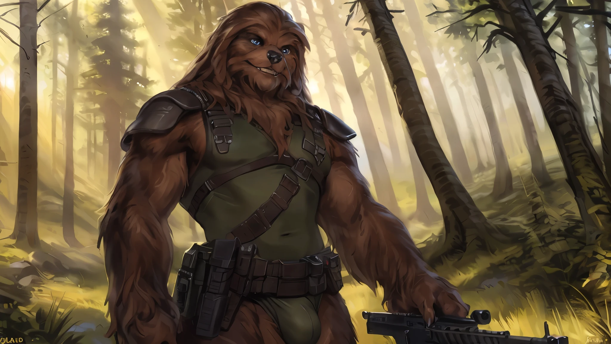 ((A tall strong male wookiee wearing a green leotard with a utility belt)), thigh holster, bandoleer, leather straps, tactical, Star Wars blaster, gun, dilf, bulge, shoulder pads, 4K, Detailed Background, forest, bright sunlight, detailed eyes, narrow eyes, realistic eyes, serious eyes, symmetrical eyes, by personalami, by ruardri, by thebigslick, by kenket, by Chunie