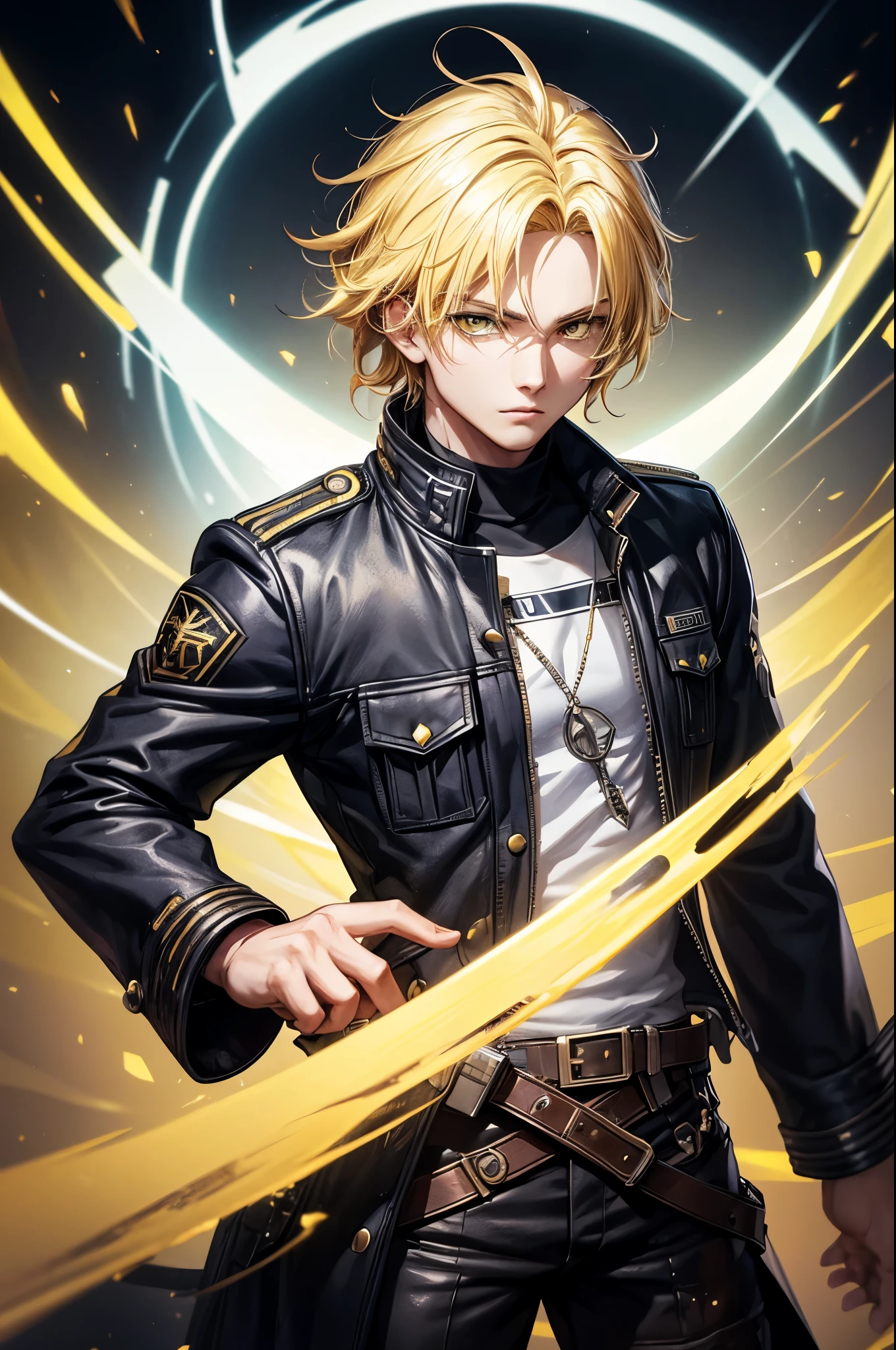 (((solo))),1boy,soft face,confident,young adult, simple clothes,wearing a black jacket, blue energy, ice, blizzard, (yellow color eyes), ((blonde hair)),short messy unkept hair, dragon scale left arm, highest quality digital art, Stunning art, wallpaper 4k, highly detailed,BREAK, (anime style), epic, anime style, battlefield scenario, (digital art), masterpiece, 4K