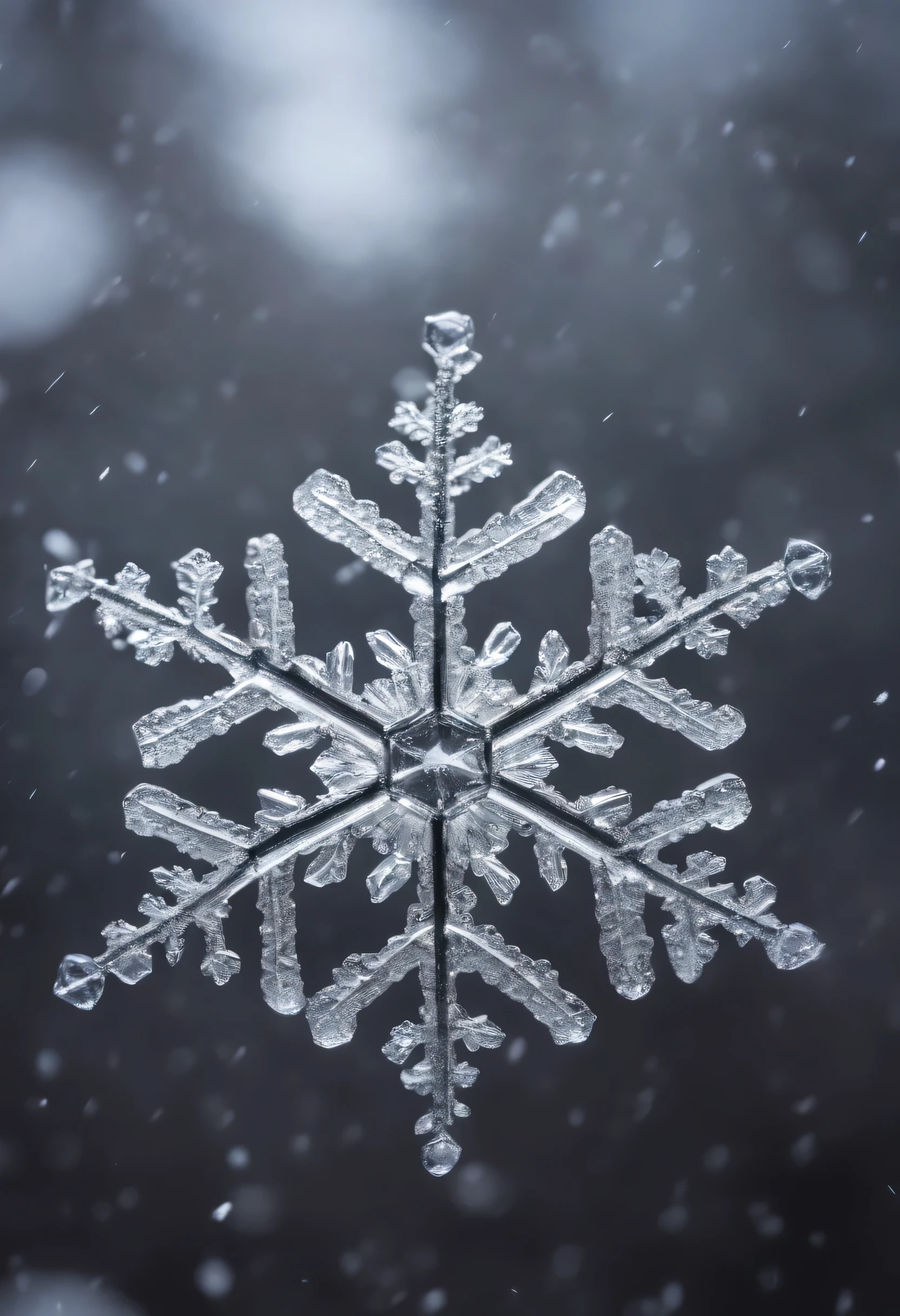 A small, delicate yet highly detailed snowflake with a snowstorm in the background.