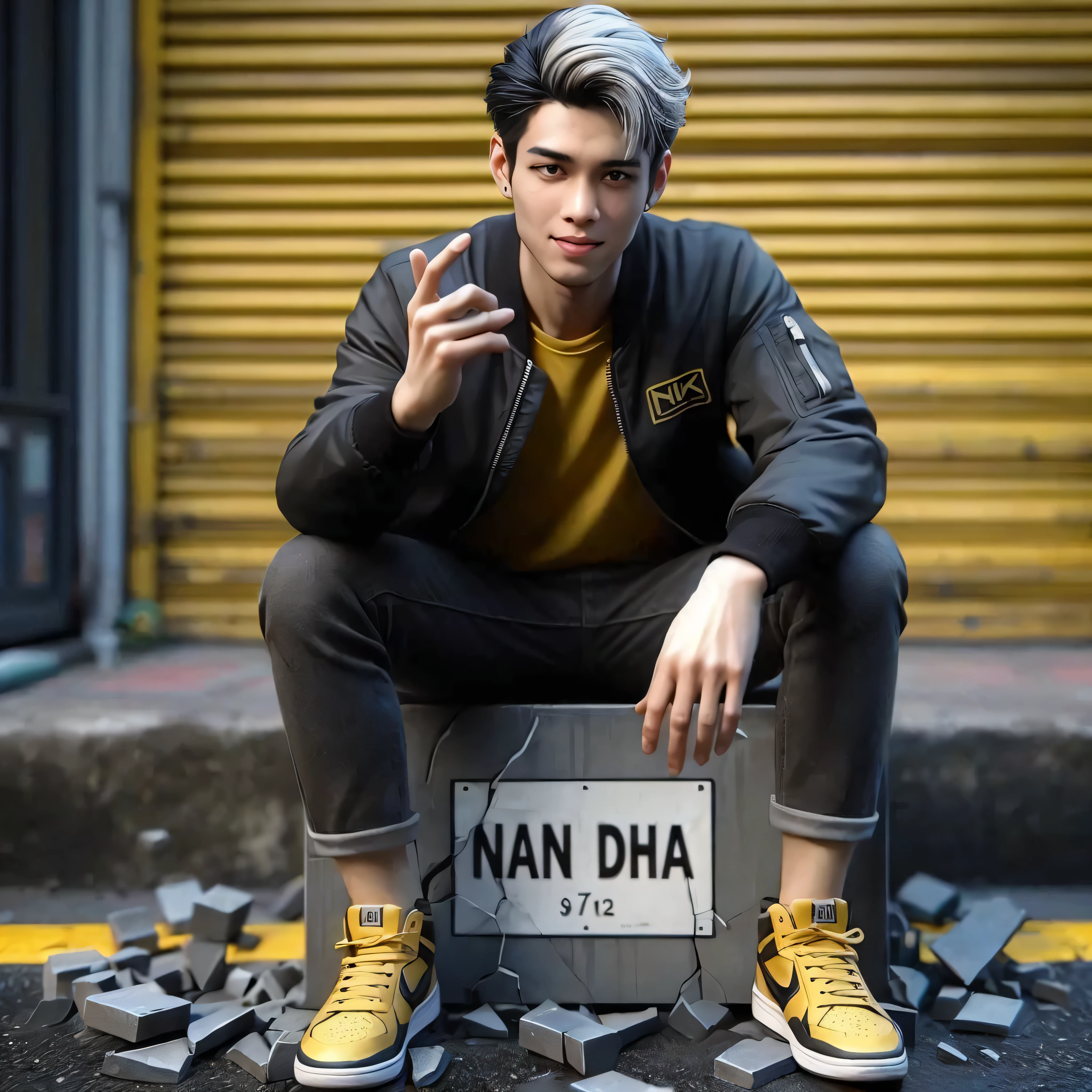 A realistic photo of a handsome 29-year-old Thai man with neatly short hair, white on the left side and black on the right. Wearing a black bomber jacket with 'NK' logo, plain yellow t-shirt, black jeans, yellow sneakers. With raised eyebrows, eyes rolling up, and a smirk on his lips, finger gesture calling. Sitting on a rectangular iron box with 'Nan dHa' written on it. Artistically shattered into fragments. Background of an alley wall, with a yellow light shining on him. Film photo, 70mm, ISO100, f/2.8, 1/320s, intricate details, very accurate, HDR, realistic.