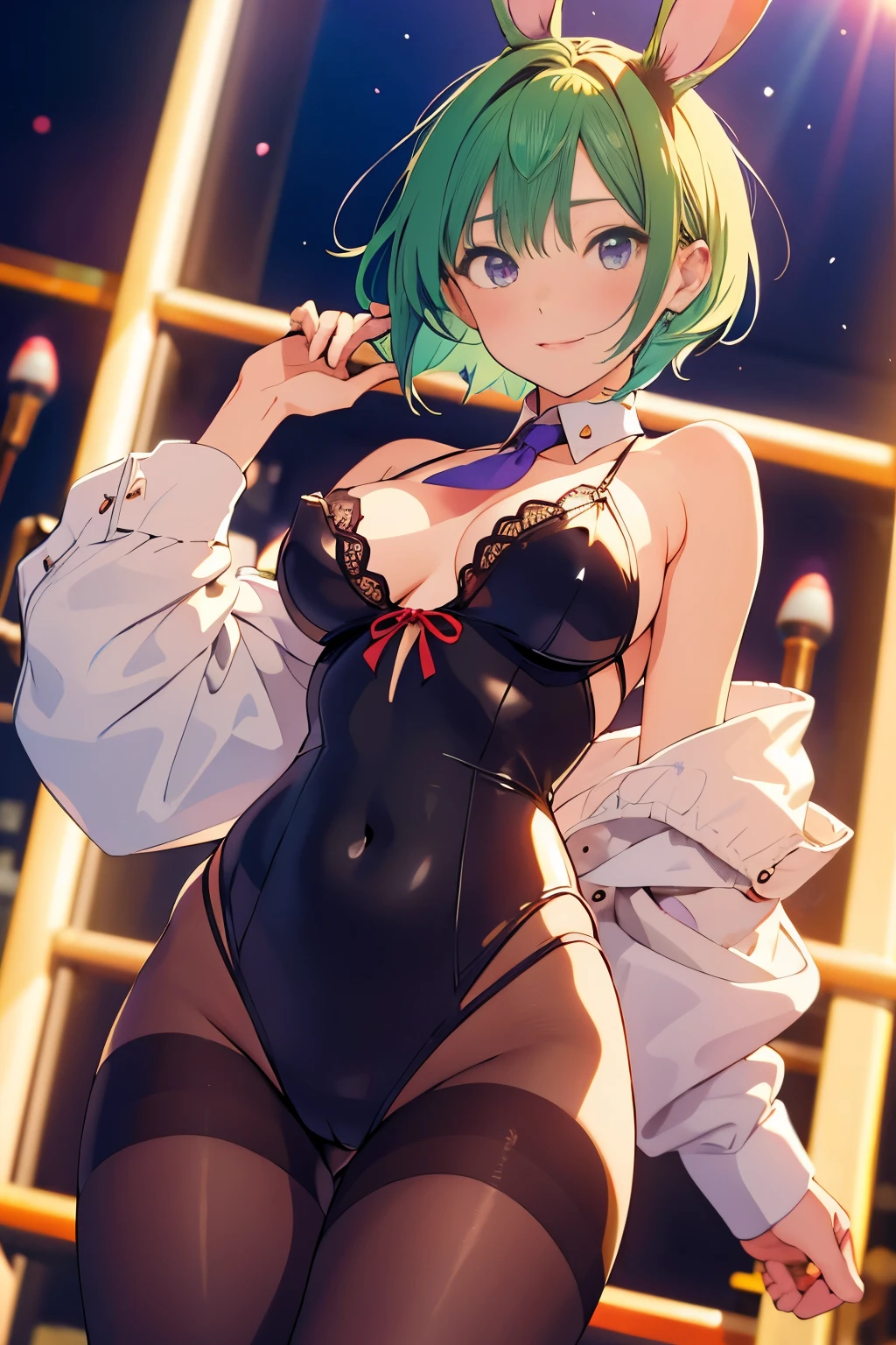 (highest quality,stage top:1.2),(anime style,comic core:1.1),1 girl,cute style,adorable,highly detailed eyes,highly detailed face,very fine hair,About Hipder,8K、green hair、short hair、red cheeks、black high leg bunny、Fishnet tights、floppy white rabbit ears、Beautiful leg lines、Tie it up、big ass、purple eyes、valley、Detailed anime faceedium breasts、sexy、pole dance