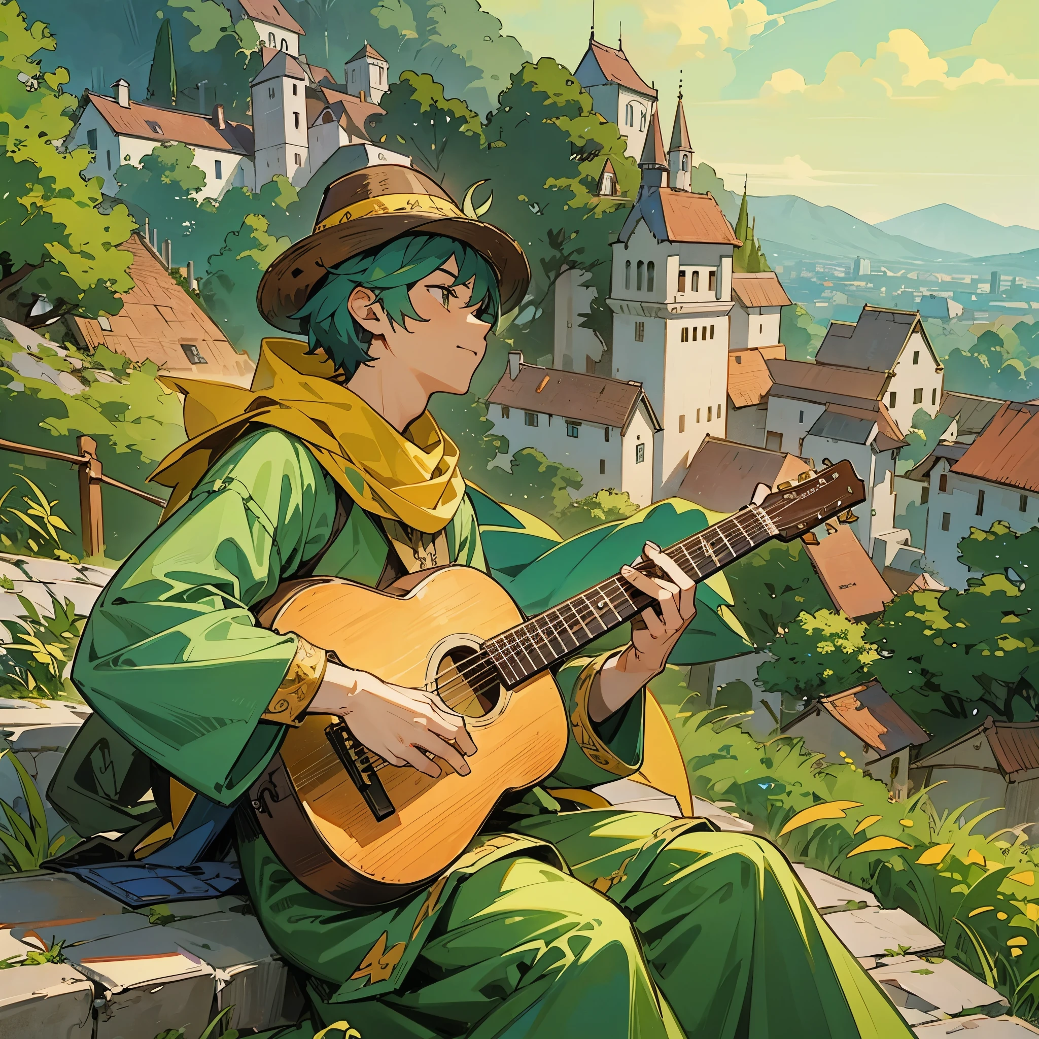 a young man,European medieval bard,Wearing yellow and green cloth,Wearing a triangular ranger hat,playing small guitar,Sitting leisurely on the uphill slope outside the city wall,You can see the sky and the village at the foot of the mountain in the distance。Medium shot composition,full body picture,characters and scenes,Game concept art style,Anime illustration style,watercolor style,Marker style,high-definition,4k。