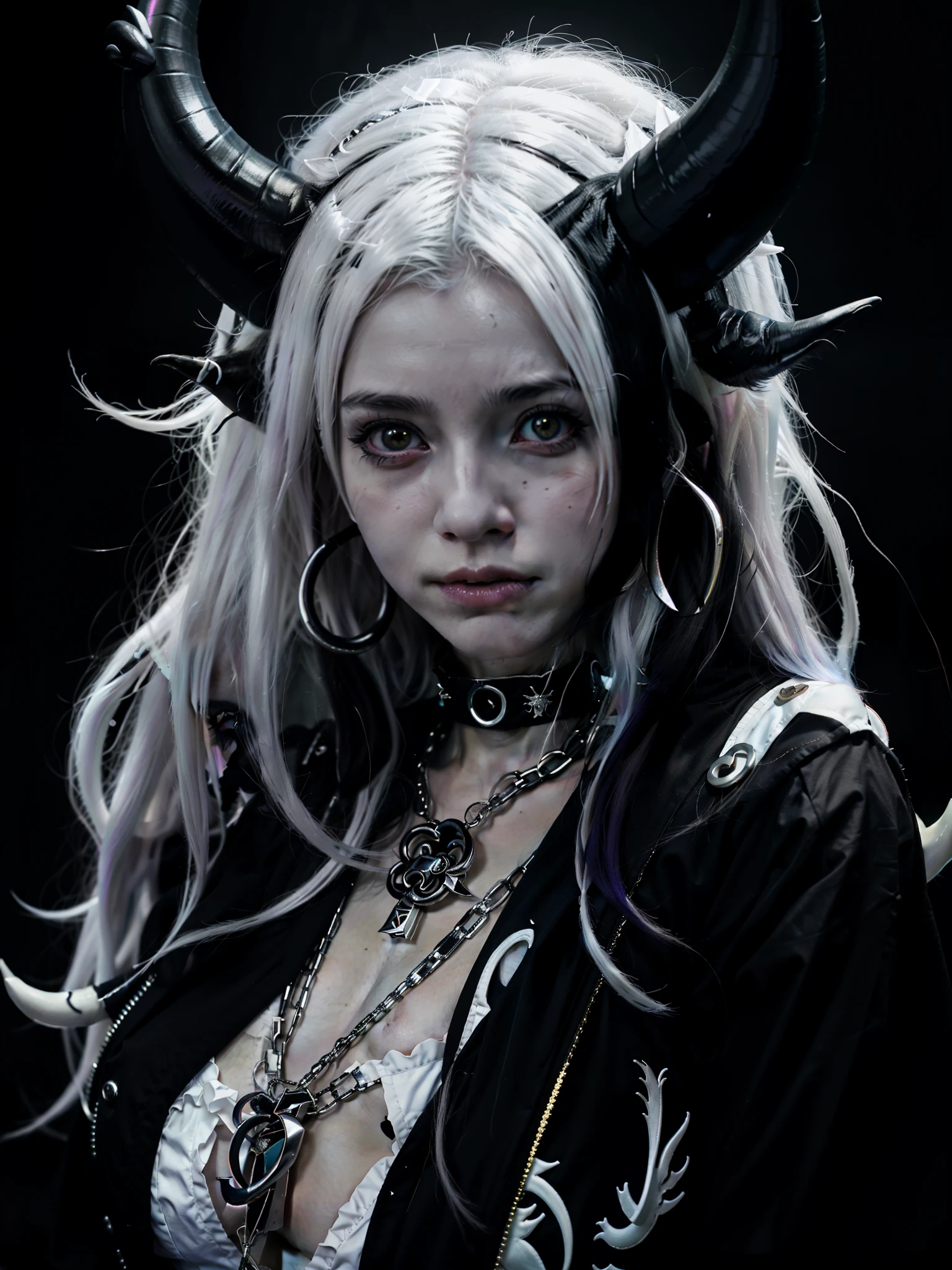 anime girl with horns and piercings in black and white, 1 7 -  - old me goth girl, demon anime girl, anime character, white horns queen demon, beautiful anime portrait, gothic maiden anime girl, anime girl with long hair, tifa lockhart with white hair, white haired deity, anime girl with cat ears, beautiful anime catgirl, perfect white haired girl